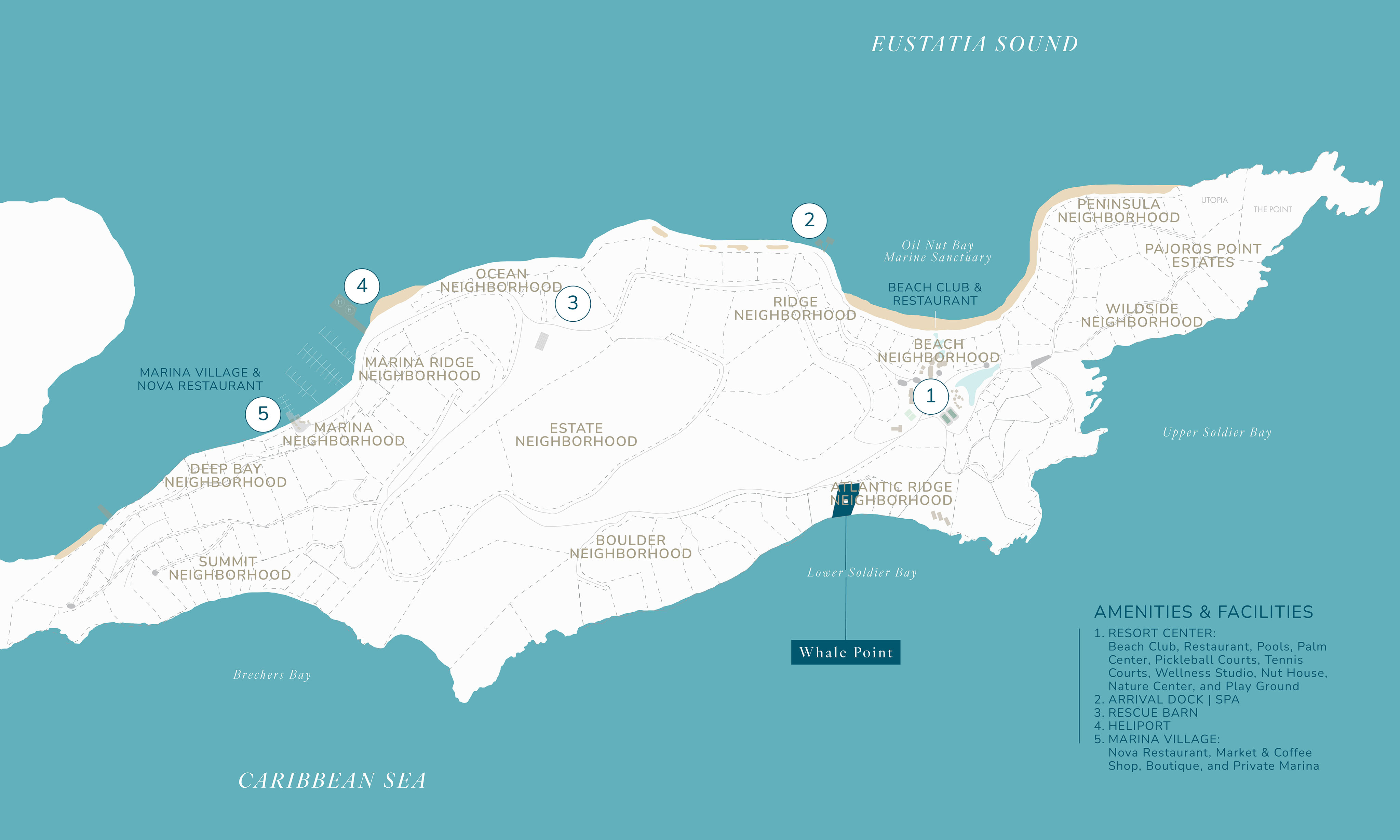 A map of a coastal area highlighting various neighborhoods and points of interest, including Whale Point Villa, Estate Neighborhood, North Ridge Neighborhood, and Deep Bay Neighborhood. The map mentions amenities and facilities like pools, dining, and private marina.