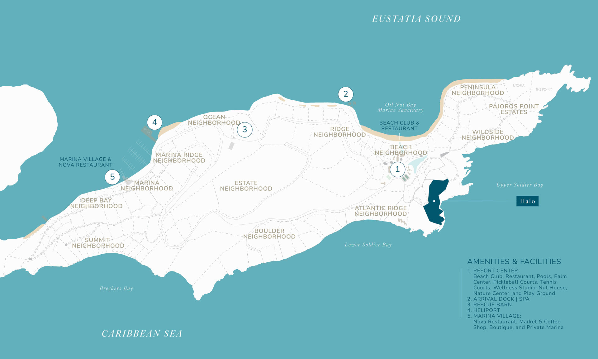 A detailed map of a coastal area highlighting various neighborhoods, labeled such as Beach, Paard's Point, Marina Ridge, Peninsula, Ocean Ridge, and more. Amenities listed include a beach club, park, tennis and yoga facilities, restaurants, Halo Villa resort, and a market.