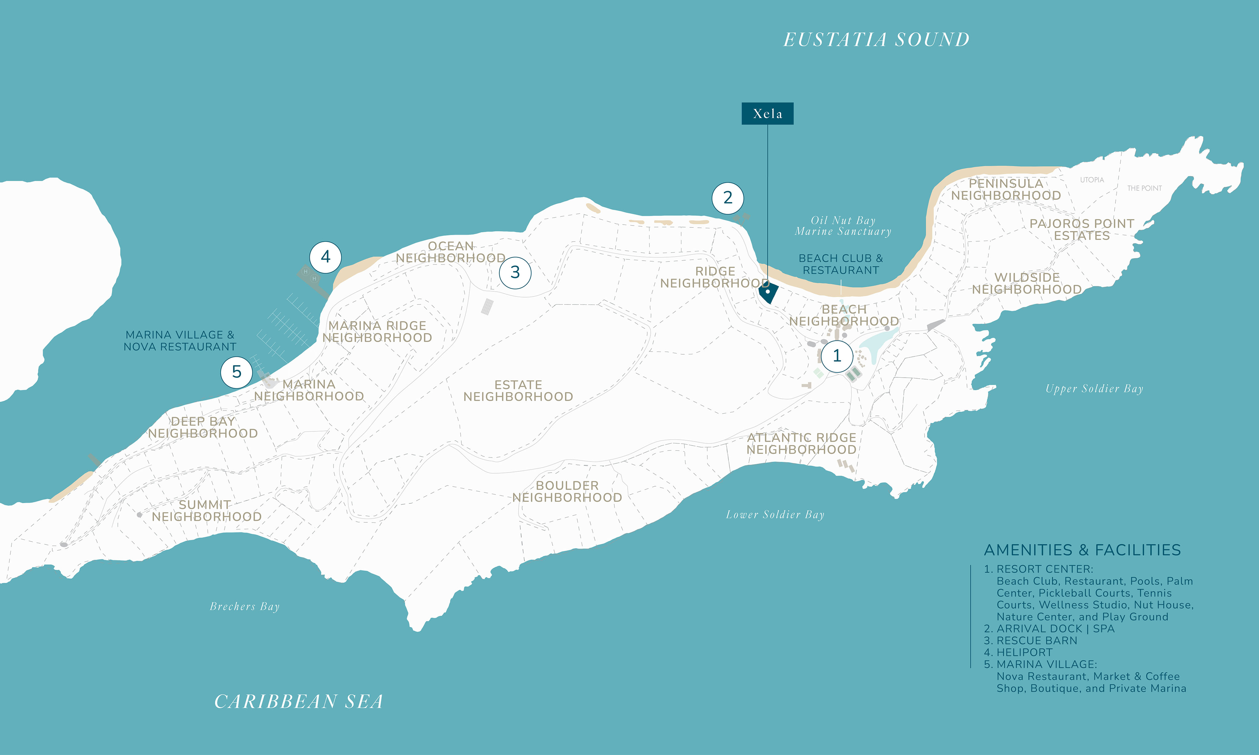 Map of an island with labeled neighborhoods and facilities. Beach Neighborhood with a beach club; Ridge Neighborhood; Ocean Neighborhood with a marina and restaurants; Peninsula Neighborhood with a lighthouse. Amenities include pools, tennis courts, restaurants, and the luxurious Xela Villa.