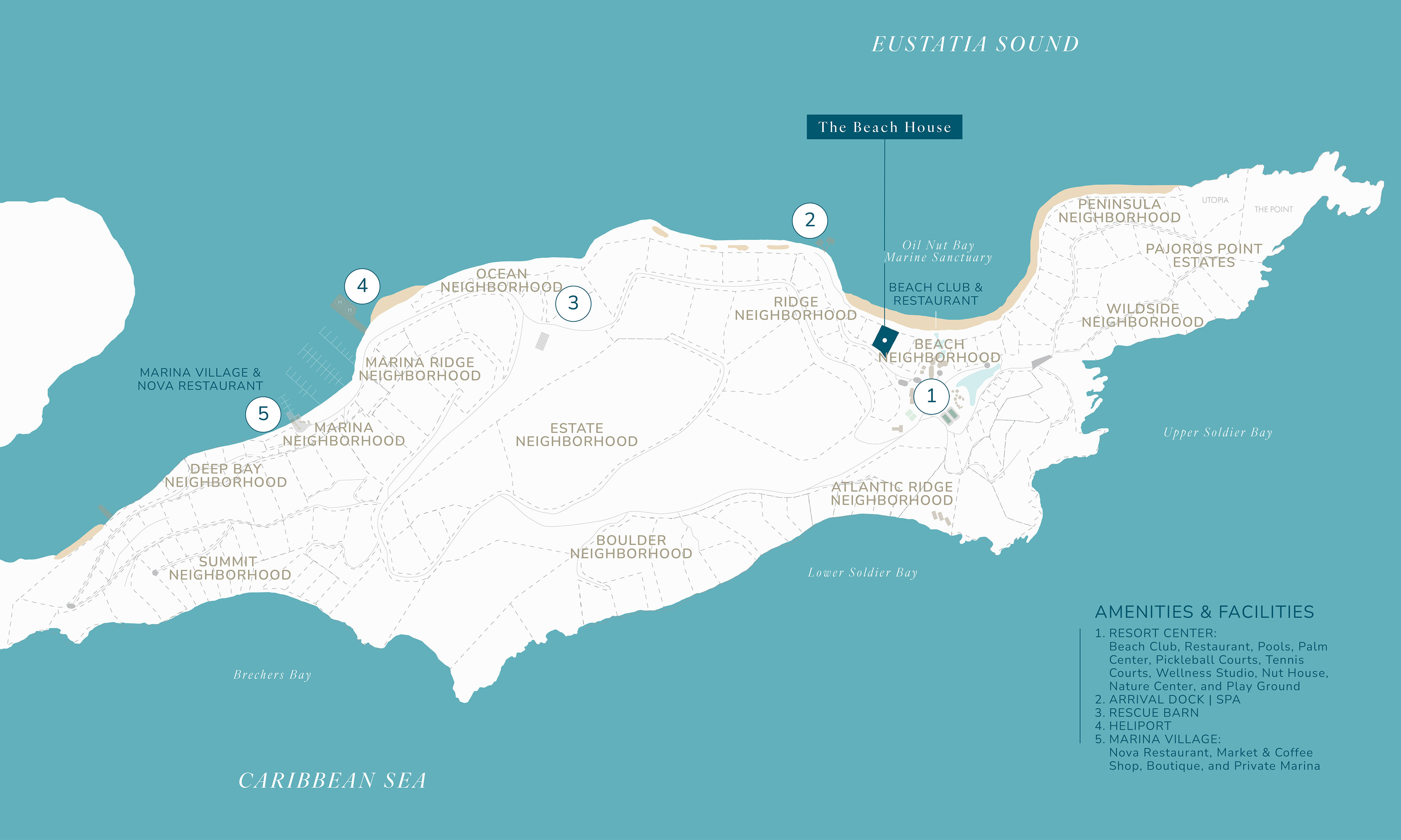 A stylized map of an island with neighborhoods labeled: Peninsula, Atlantic Ridge, Estate, Deep Bay, Ocean, and Marina Village. Key points include The Beach House—a beach club and restaurant—and a resort dock. Amenities are listed in the bottom right corner.