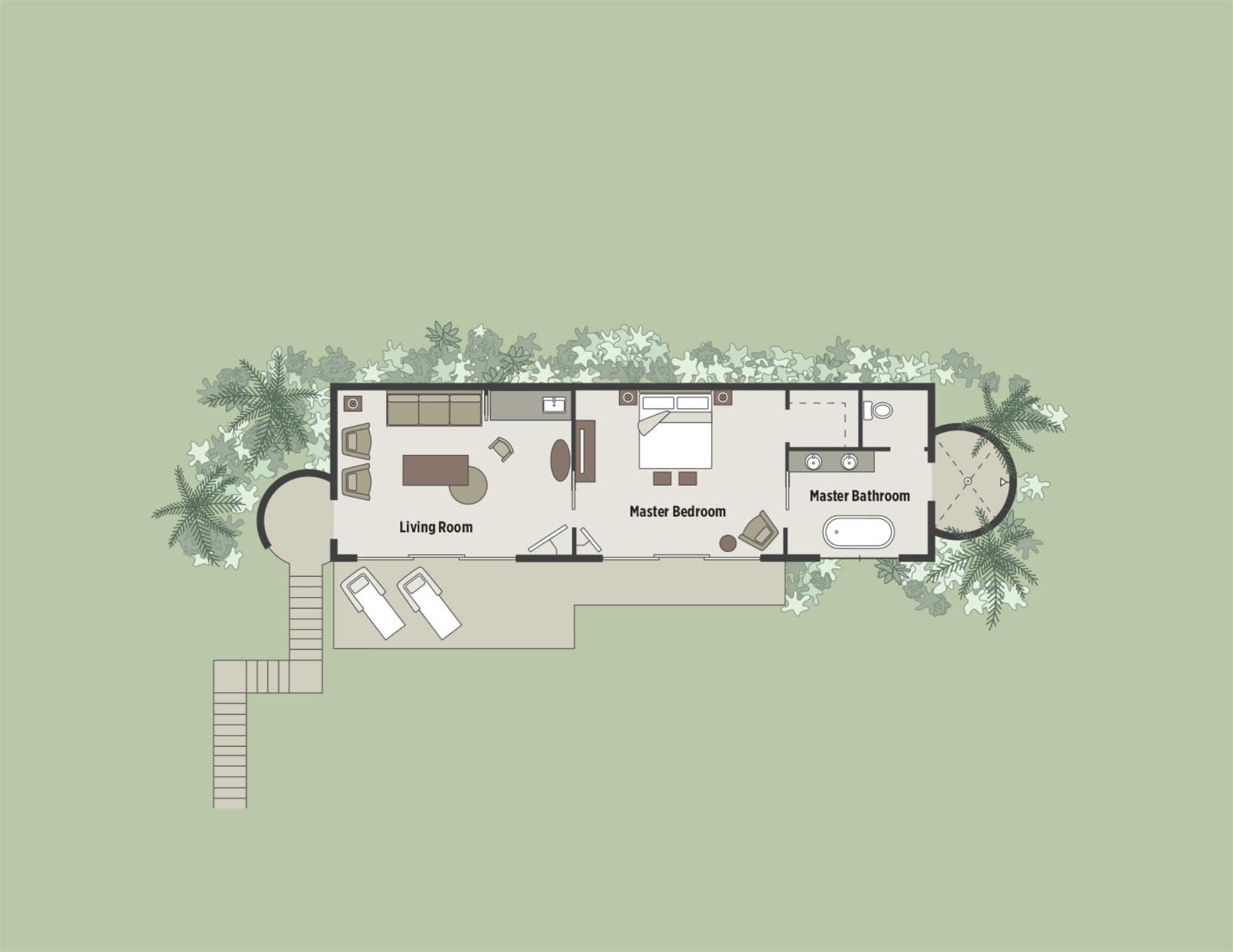 An overhead floor plan of a single-story house with Bay Suites features a living room with seating and a TV, a master bedroom with a bed and nightstands, and an elegant master bathroom with tub, shower, and sinks. Adjacent is a terrace with lounge chairs amid lush greenery outdoors.