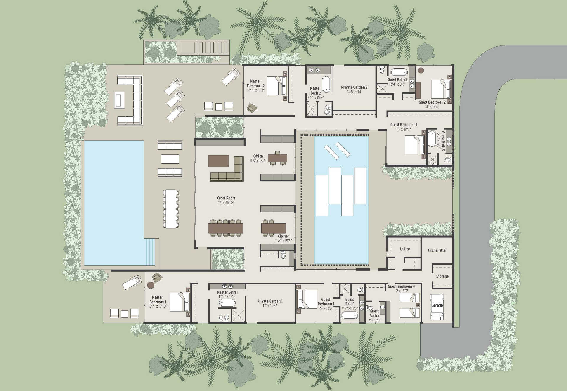 Architectural floor plan of a contemporary single-story beach house with outdoor and indoor features. The layout includes a large living area, kitchen, bedrooms, bathrooms, swimming pool, garden, and several seating areas surrounded by greenery and palm trees. Perfect for an oceanfront property.