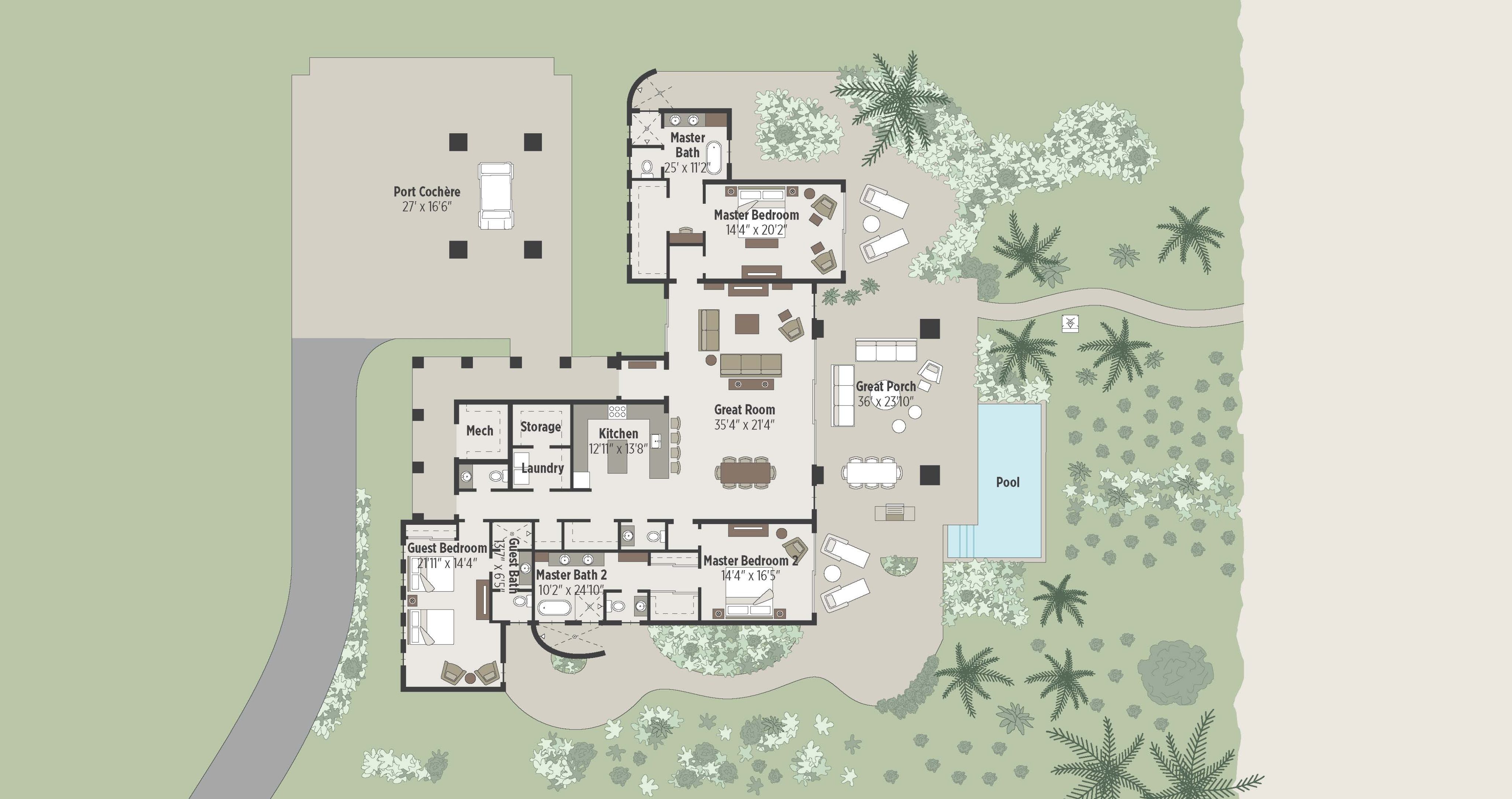 A detailed floor plan of Cheemaun Villa showcases a house with a pool and garden. The layout includes a port cochère, three bedrooms, a great room, kitchen, dining area, media room, two master bathrooms, two guest bathrooms, a study, and multiple outdoor lounging areas.