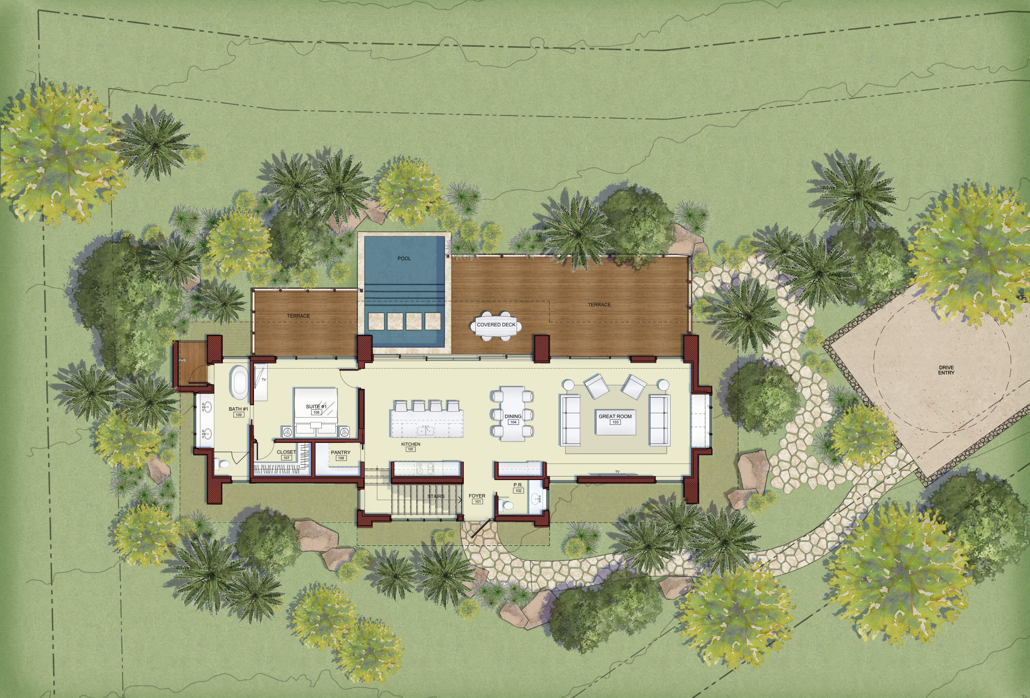 A detailed architectural floor plan of a single-story home, featuring a spacious wooden deck, multiple rooms including a kitchen, living room, and bathroom, surrounded by landscaped greenery and palm trees. A winding stone pathway leads to a sandy area on the edge of a scenic cliff.