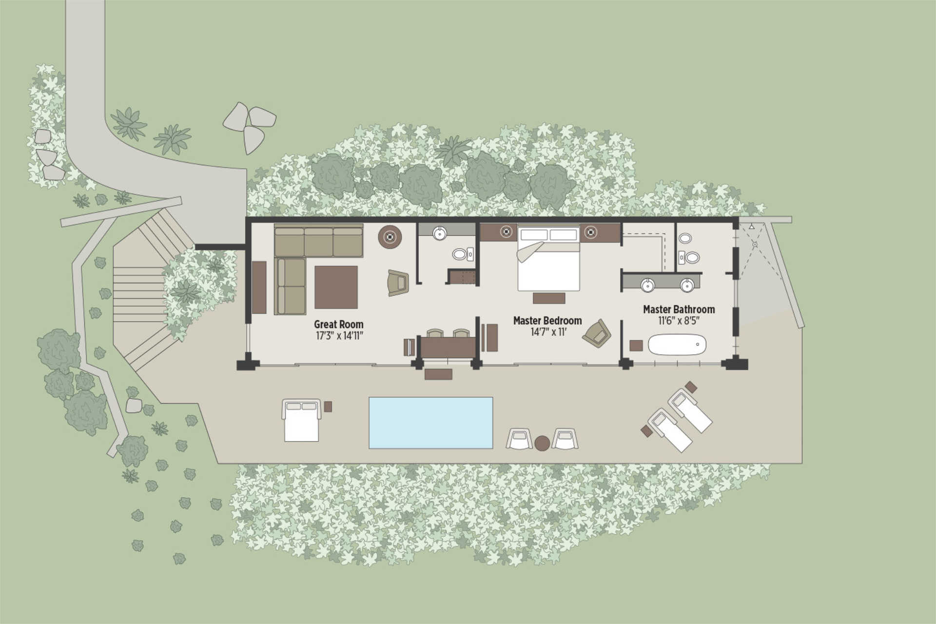 A floor plan of The Cliff Suites' one-story house includes a great room, master bedroom, and master bathroom, aligned from left to right. Outside, there's a patio with a pool, lounging chairs, and dining area. Surrounding the structure are landscaped gardens and pathways.