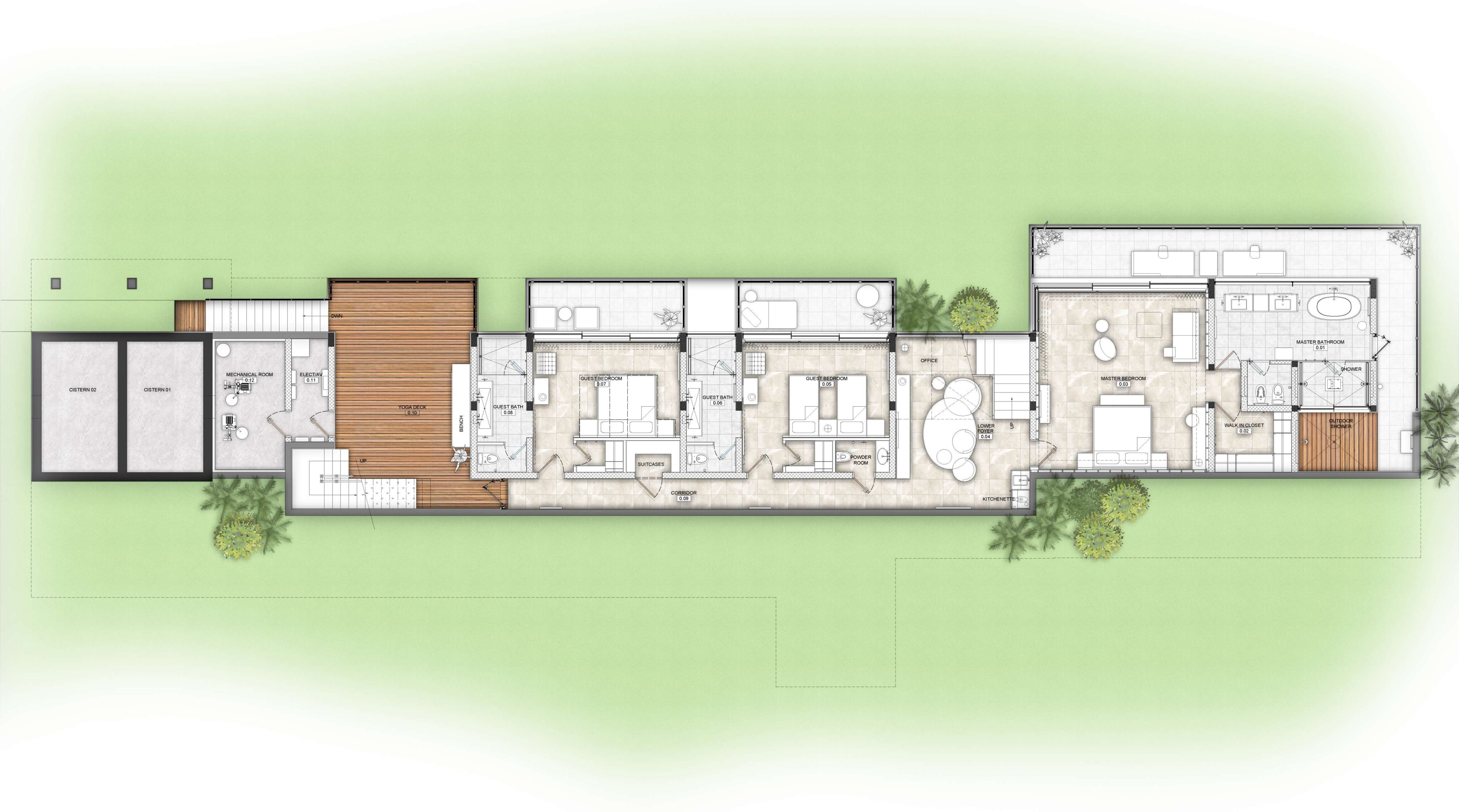 Architectural floor plan of a single-story modern villa with a green lawn. The layout shows various rooms including a kitchen, dining area, living room, several bedrooms, bathrooms, and outdoor deck areas. There's also a garage space to the left.