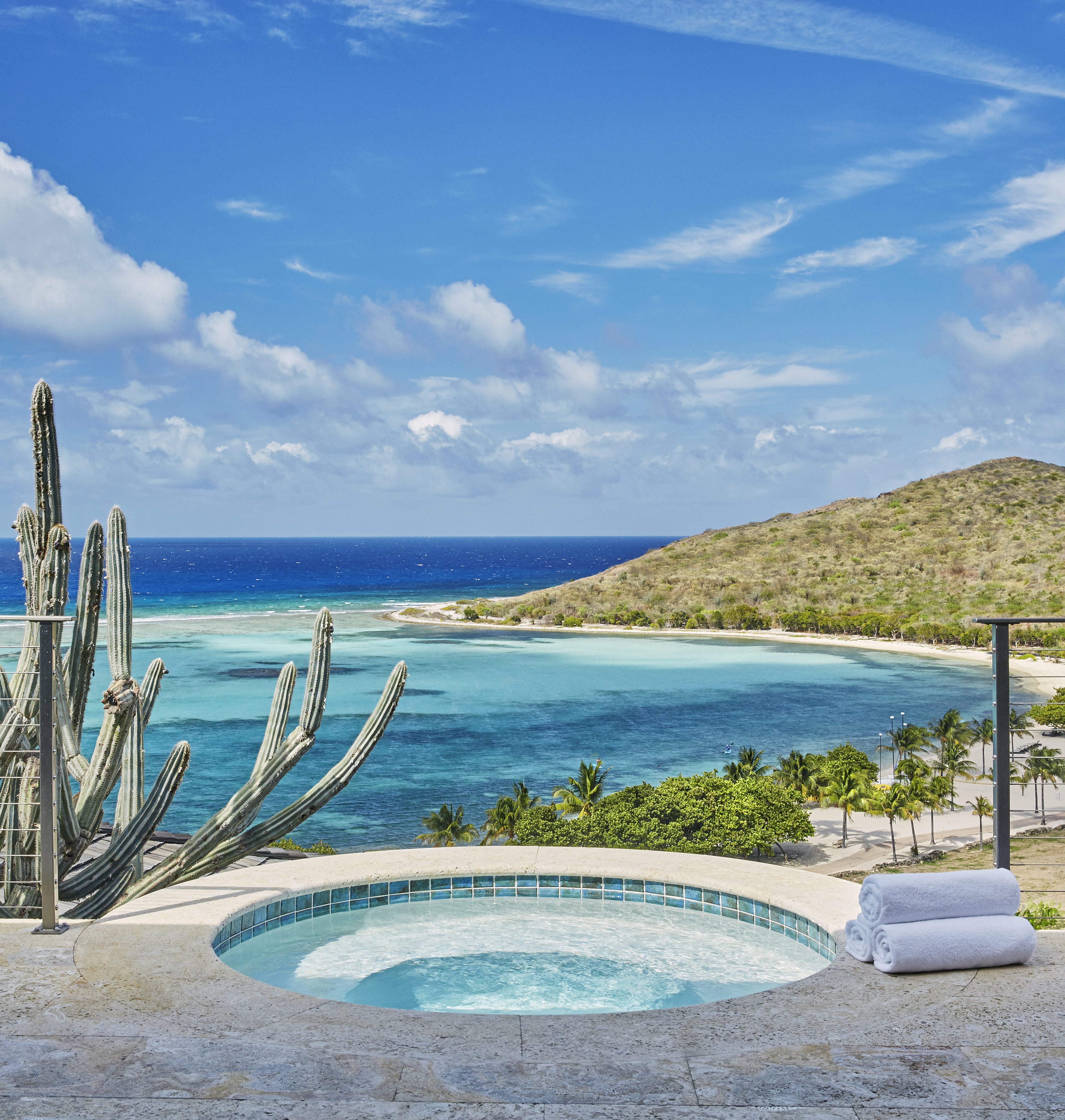 A serene view from the luxurious Cooke Lookout Villa pool overlooks a turquoise ocean bay with a small, hilly island in the background. Tall cacti are on the left, and the foreground features a clear blue hot tub with rolled white towels on the stone deck.