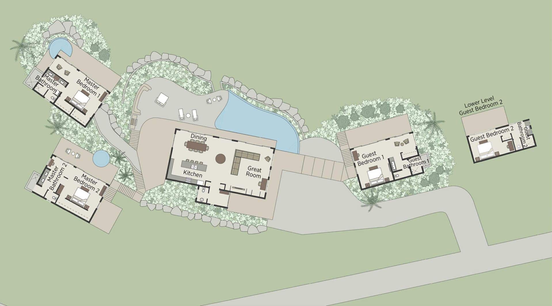 A detailed architectural floor plan of the Cooke Villa and surrounding area. The plan includes a central section with a dining room, great room, kitchen, and pool. There are separate guest bedroom units labeled Guest Bedroom 1, Lower Level Guest Bedroom 2, and Guest Bedroom 3.