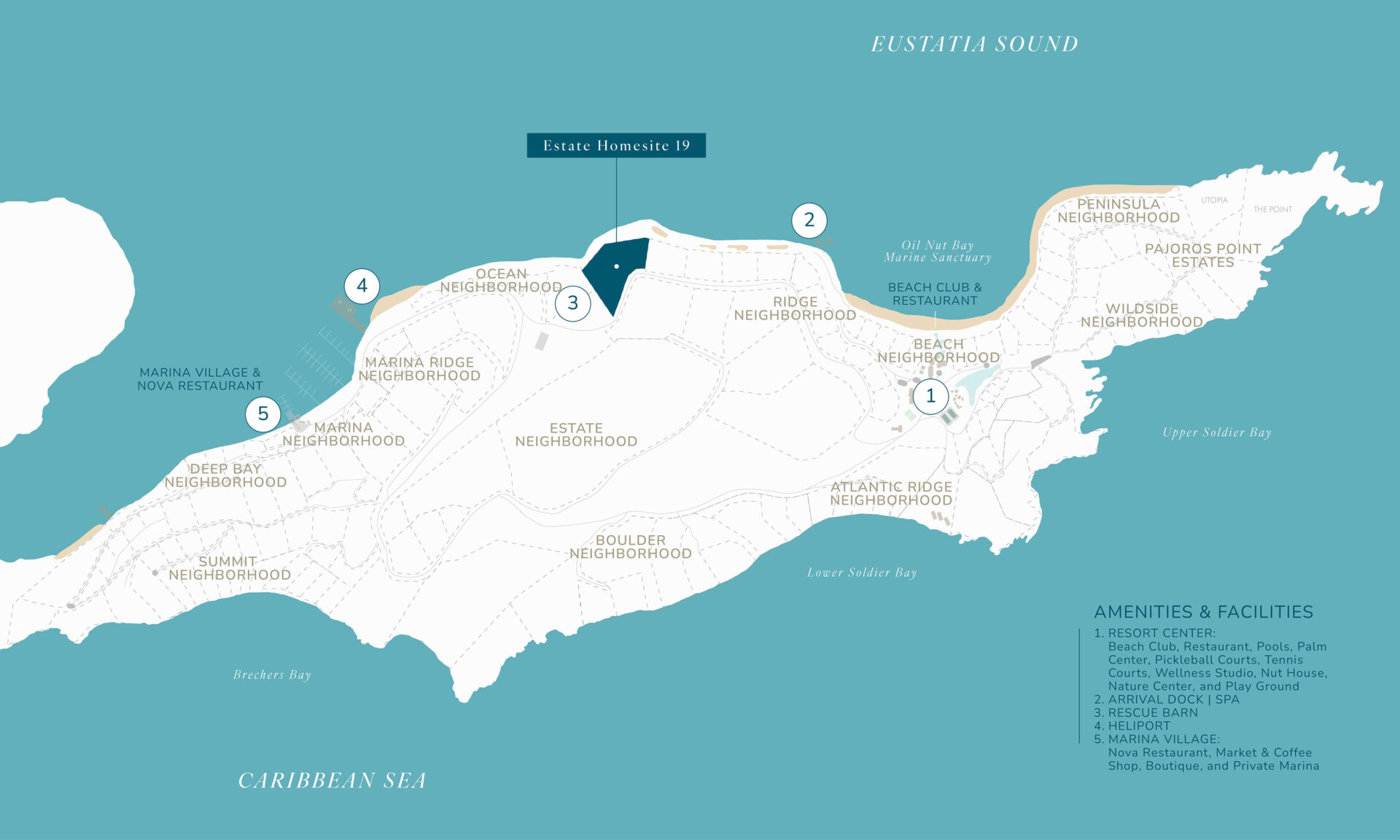 Map of an estate on an island showing various neighborhoods and zones such as Ocean, Beach, and Boulder. Key amenities and facilities are listed on the right side, including a private marina, beach club & restaurant, sports range, various parks, wellness centers, and Estate Homesite E19.