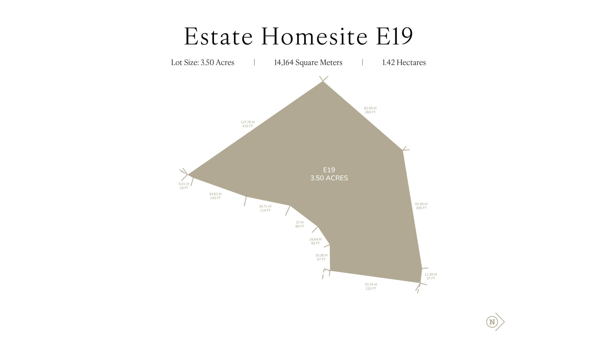 A map labeled "Estate Homesite E19" depicts a plot of land spanning 3.50 acres, with dimensions and boundary lines meticulously detailed in feet around the perimeter. Additional area conversions are listed as 14,164 square meters and 1.42 hectares for comprehensive understanding.