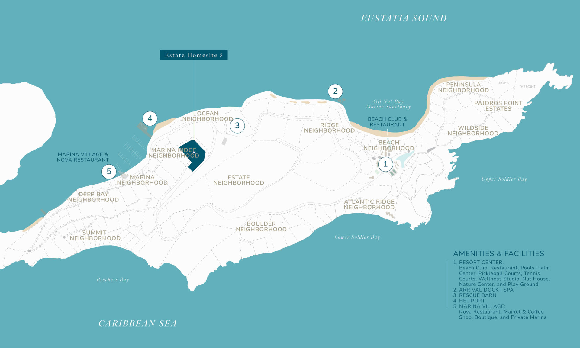 A map of The Peninsula development on a coastal area, showcasing various neighborhoods and amenities. Key locations such as Marina Village, Ocean, and Estate Neighborhoods are highlighted. Amenities include a clubhouse, pool, beach, spa, and market. Homesite E5 is also prominently featured.