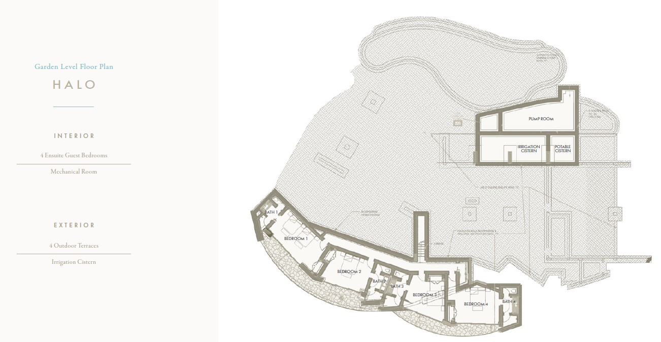 A floor plan labeled "Halo Garden Level Floor Plan" for the exquisite Halo Villa outlines four ensuite guest bedrooms, a mechanical room, and two exterior outdoor terraces with irrigation cisterns. The plan is displayed with light green lines on a neutral background, accompanied by text.