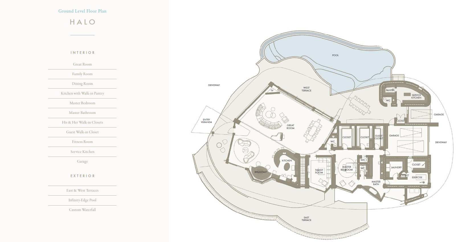 A ground-level floor plan, aptly named "Halo Villa," featuring rooms for both interior spaces (Gym, Family Room, Dining Room, Kitchen, Master Bedroom) and exterior luxuries (West Deck, Infinity-Edge Pool). It elegantly displays the layout of various areas, including a pool, garage, and service spaces.