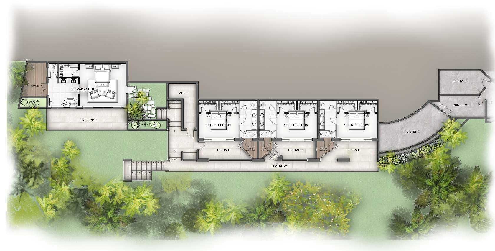 The floor plan of Villa Maronti showcases a series of guest suites with terraces and balconies, connected by a walkway. Surrounded by lush greenery, the layout includes storage and pump facilities on the right, with paths and foliage elegantly woven throughout the design.