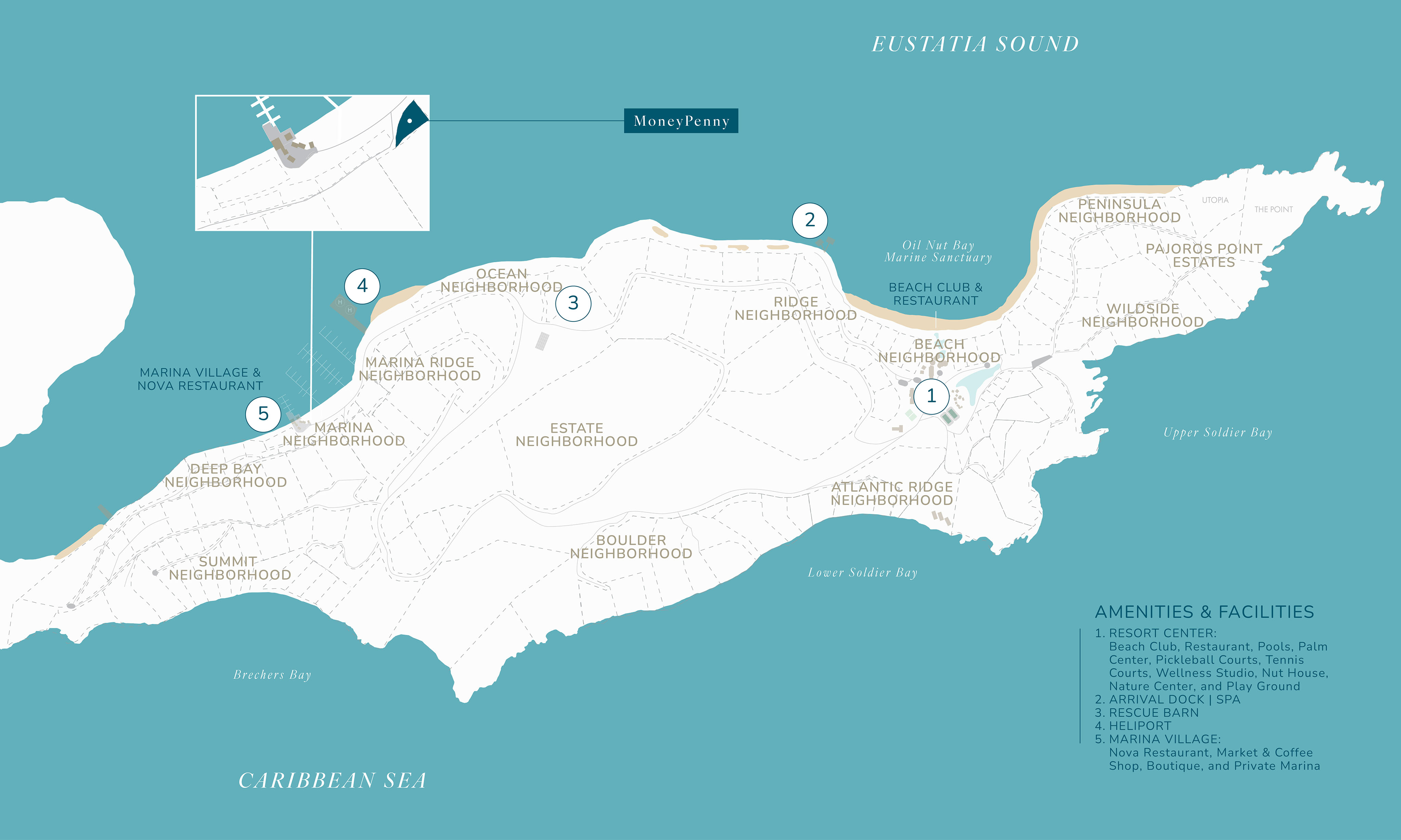 A map of an estate on a coastal region with neighborhoods labeled: Ocean, Deep Bay, Marina Ridge, Estate, Boulder, Atlantic Ridge, Peninsula, and Wildside. The map highlights the villa 'MoneyPenny' near Eustatia Sound and includes a section for amenities and facilities.