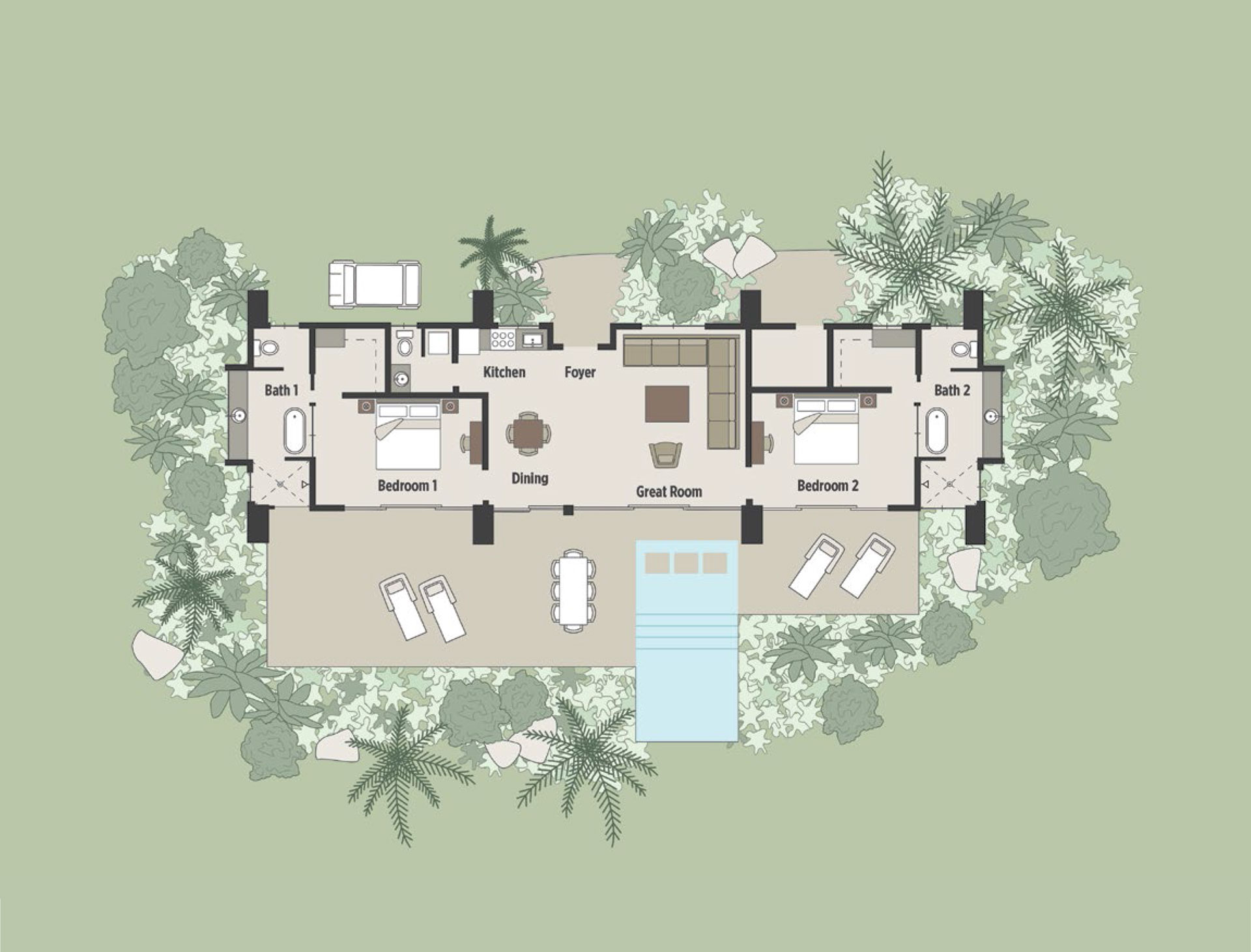 A floor plan of a luxurious single-story villa on a green background. The layout includes a great room, kitchen, dining area, foyer, two bedrooms, and two bathrooms. The exterior features outdoor seating areas and surrounding foliage that would impress even MoneyPenny.