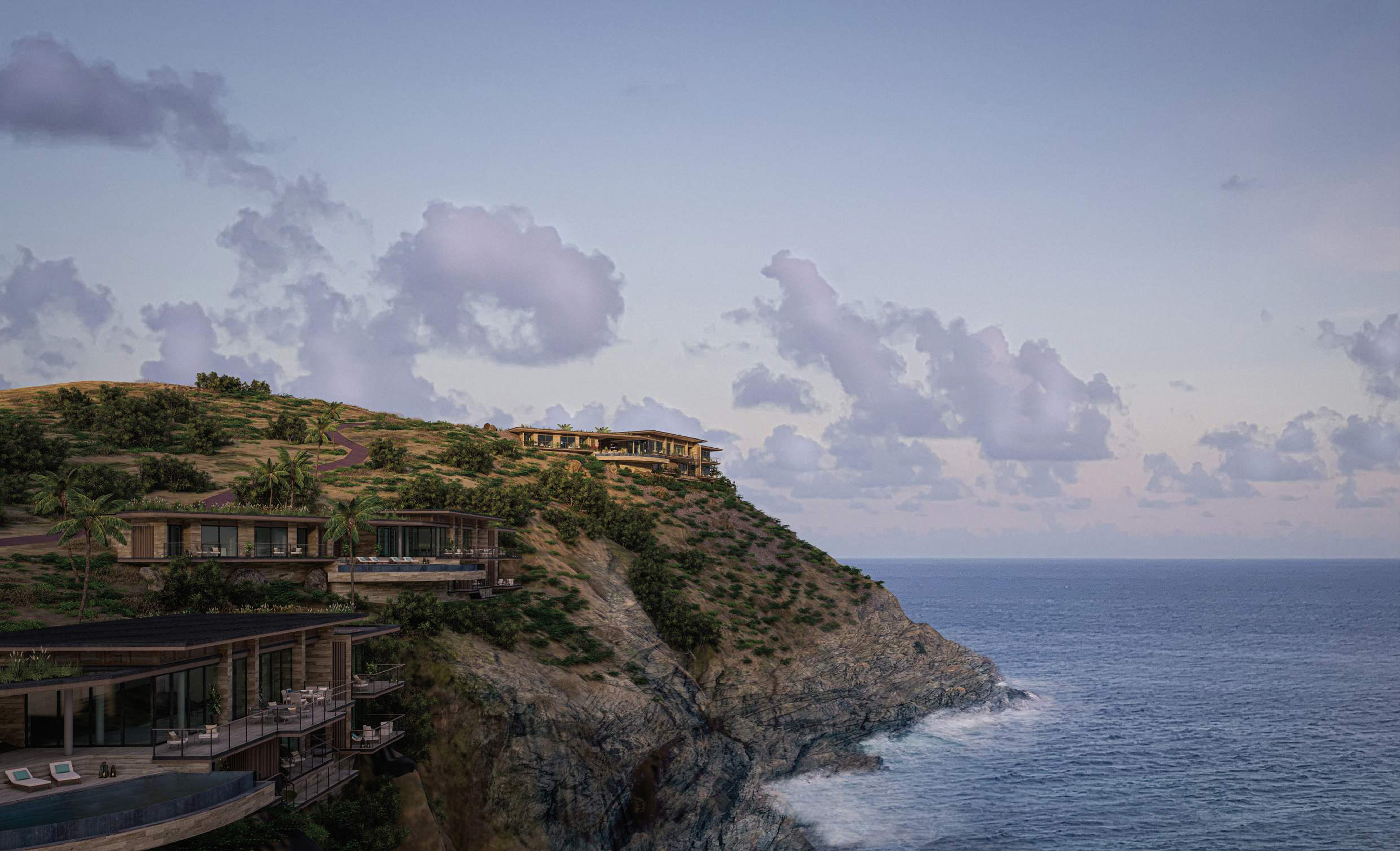 A coastal landscape featuring luxury villas perched on a rugged, forested cliff on the wildside, overlooking the ocean. The sky is dotted with scattered, fluffy clouds, creating a serene, picturesque setting. The water below is calm, enhancing the tranquil ambiance.