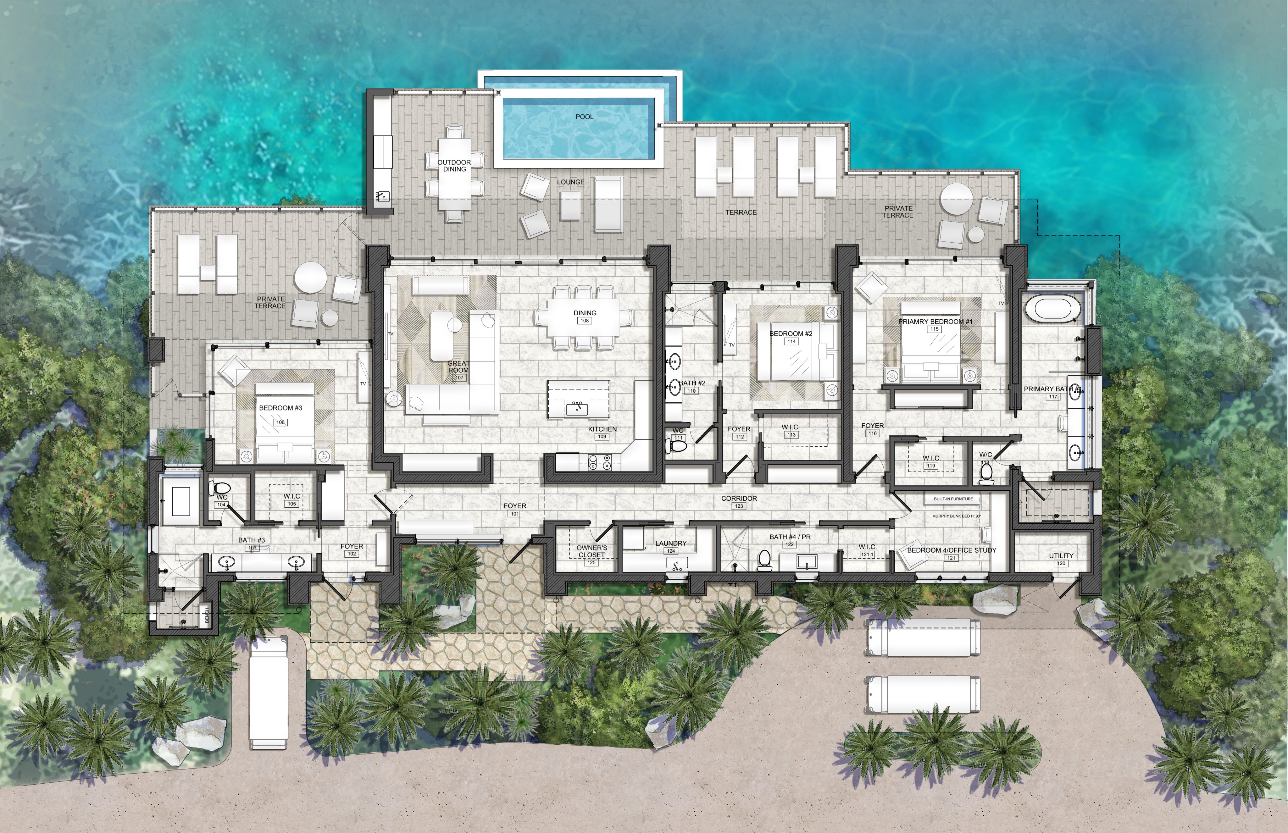 An architectural floor plan of an Ocean Villa showcasing a large structure with multiple bedrooms, bathrooms, a spacious living area, and outdoor patios. The top edge of the plan reveals a pool and lounging area overlooking the water with lush greenery surrounding the building.