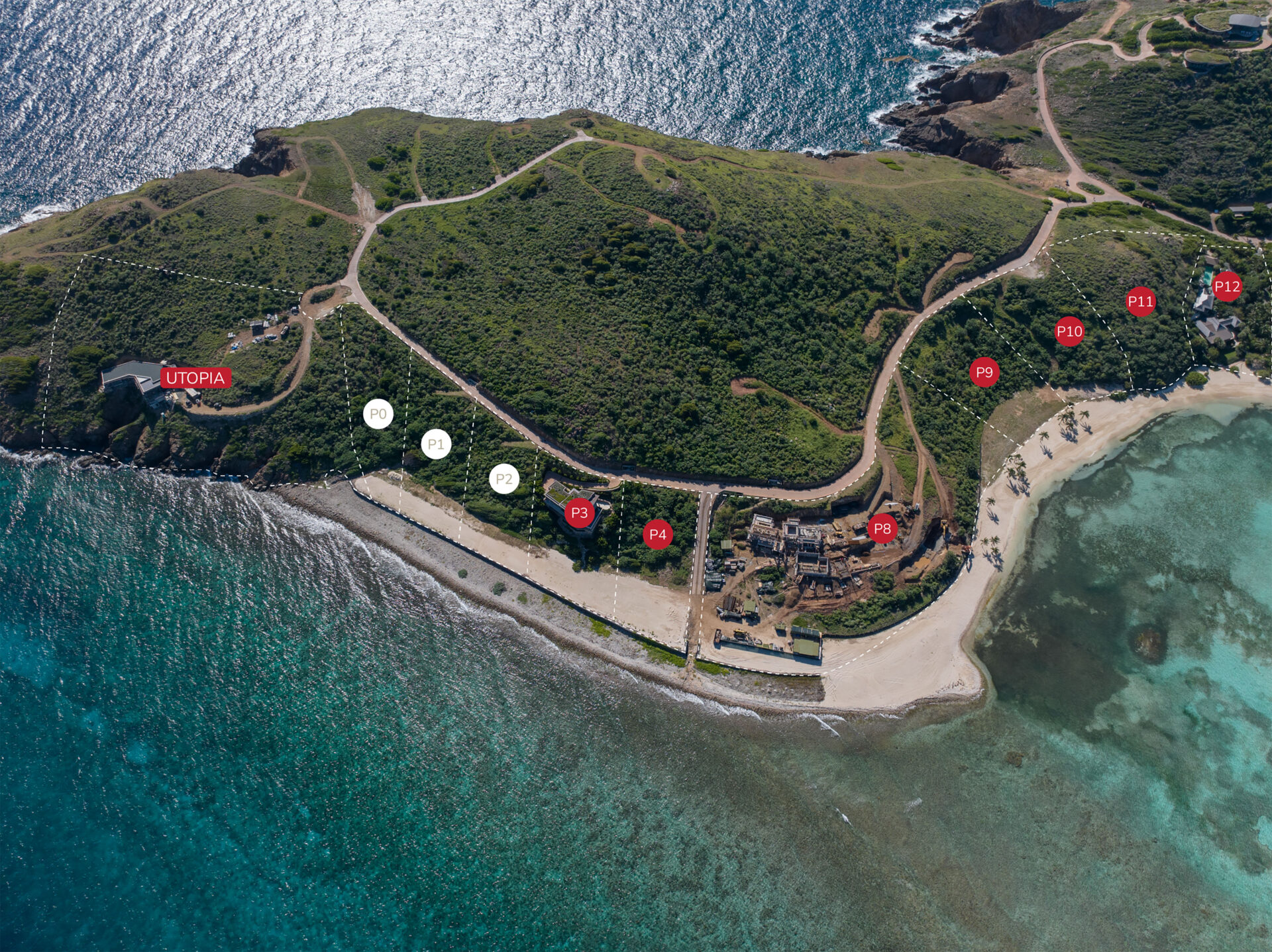 Aerial view of a coastal peninsula with lush greenery and a winding path. Markers labeled P4 to P11 and locations UTOPIA, Z2, and Z1 are visible along the path and near the beach, which features clear turquoise waters and a rocky shoreline.