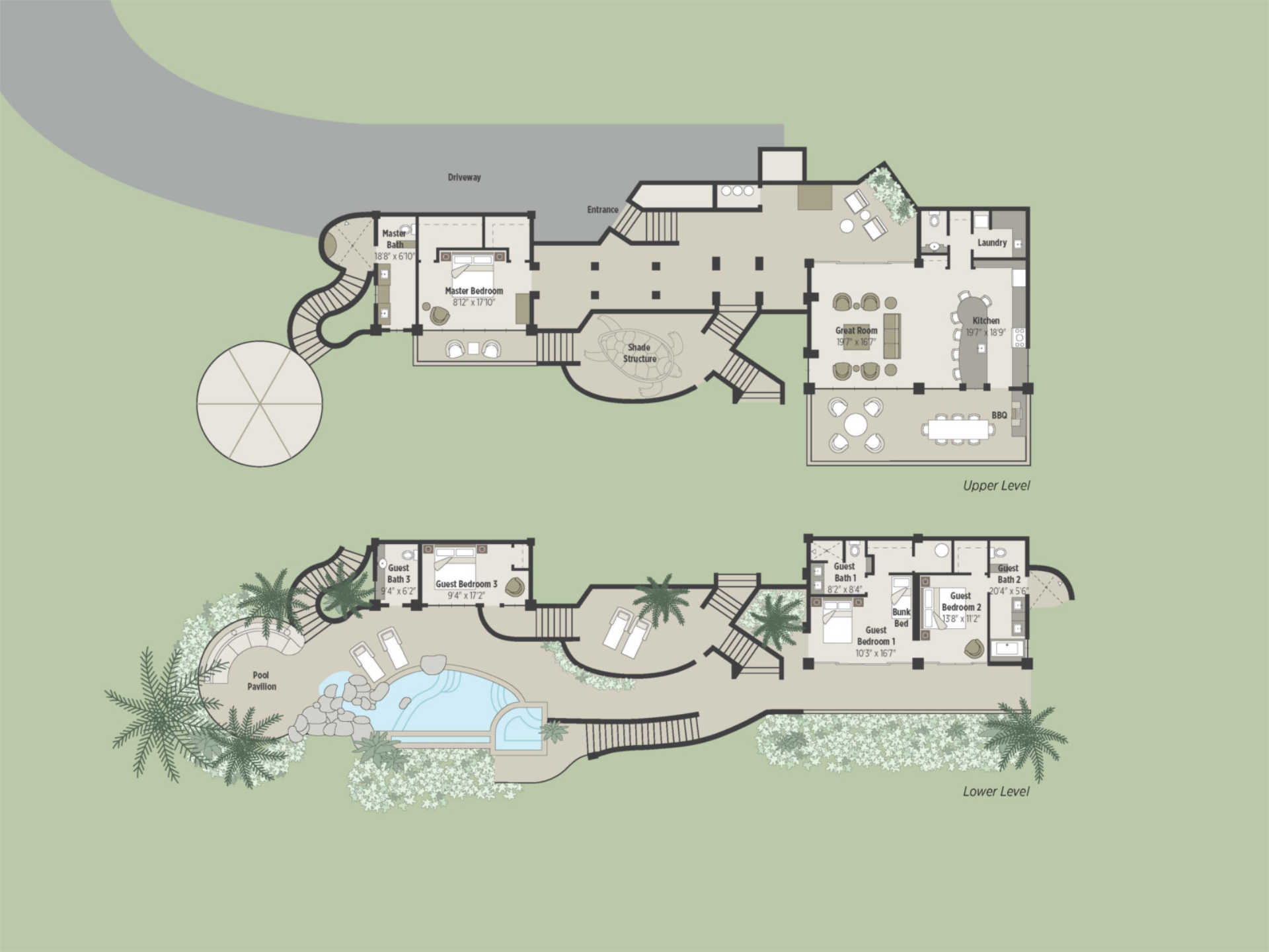 Poseidon's Perch Villa offers a two-level house floor plan, with a driveway and entrance on the upper level. This level includes a master bedroom, primary bathroom, kitchen, dining room, living room, and laundry. The lower level features a pool, lounge area, guest bedrooms, and bathrooms.