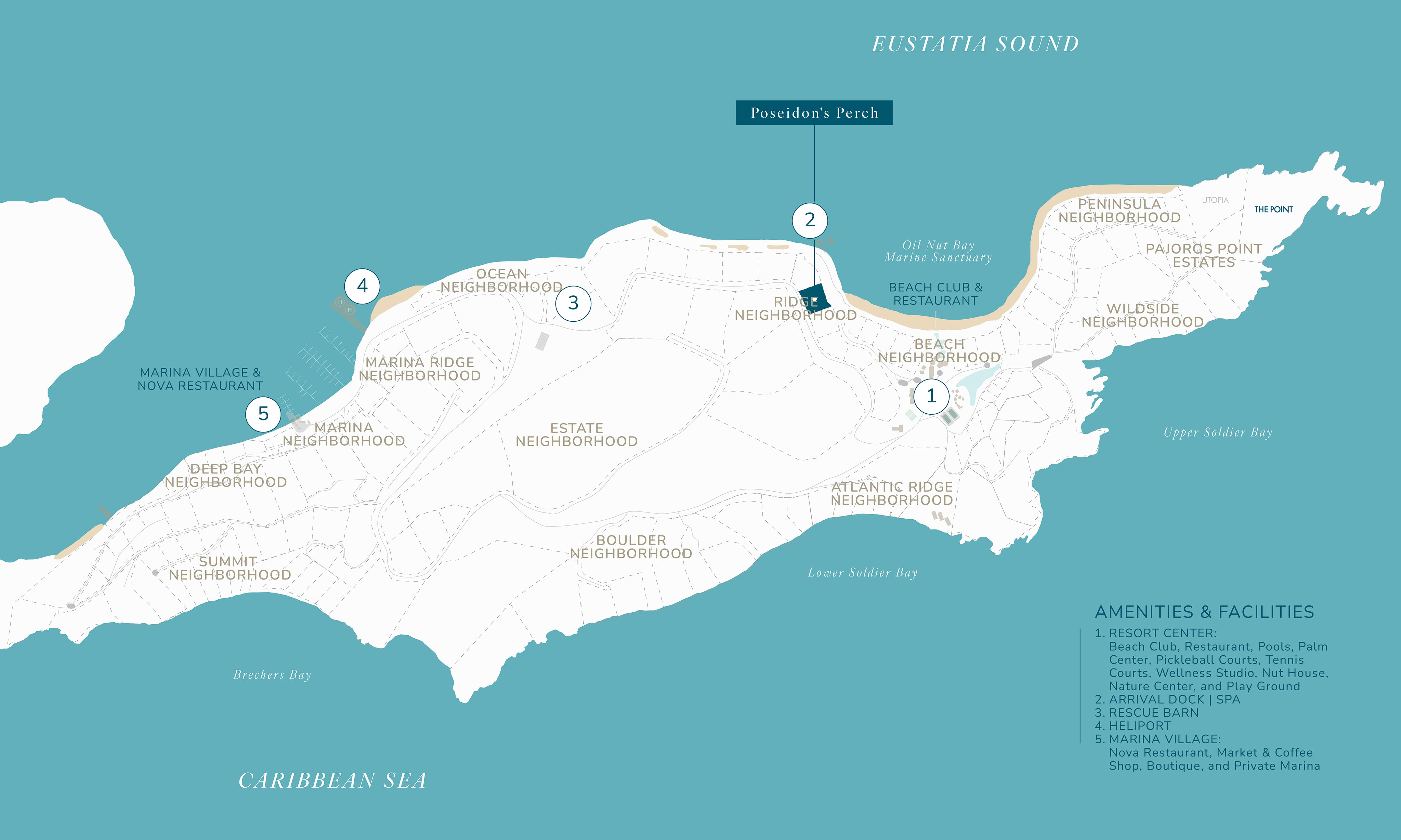 Map of an island with marked neighborhoods including Deep Bay, Oceanside, and Boulder Neighborhoods. Key locations such as Poseidon's Perch, a Beach Club & Restaurant, luxurious villas, and various marinas and hotels are highlighted. The map also lists amenities and facilities.