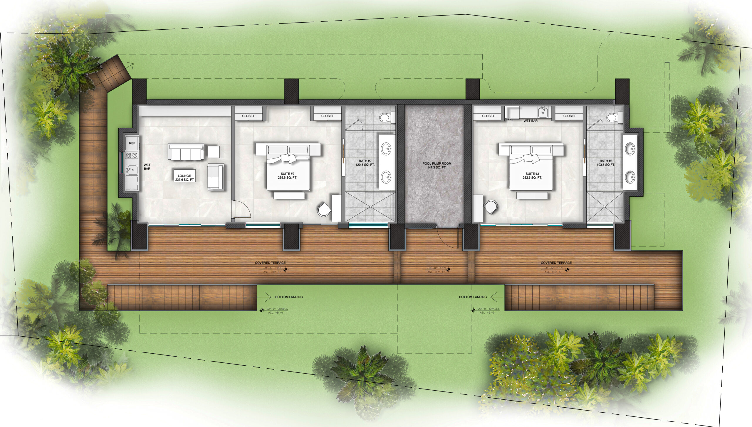 Architectural floor plan showing two adjacent units with identical layouts. Each unit includes a bedroom, bathroom, and living area, with a shared outdoor wooden deck spanning the front. Green landscaping surrounds the villa. Paths and interior divisions are marked.