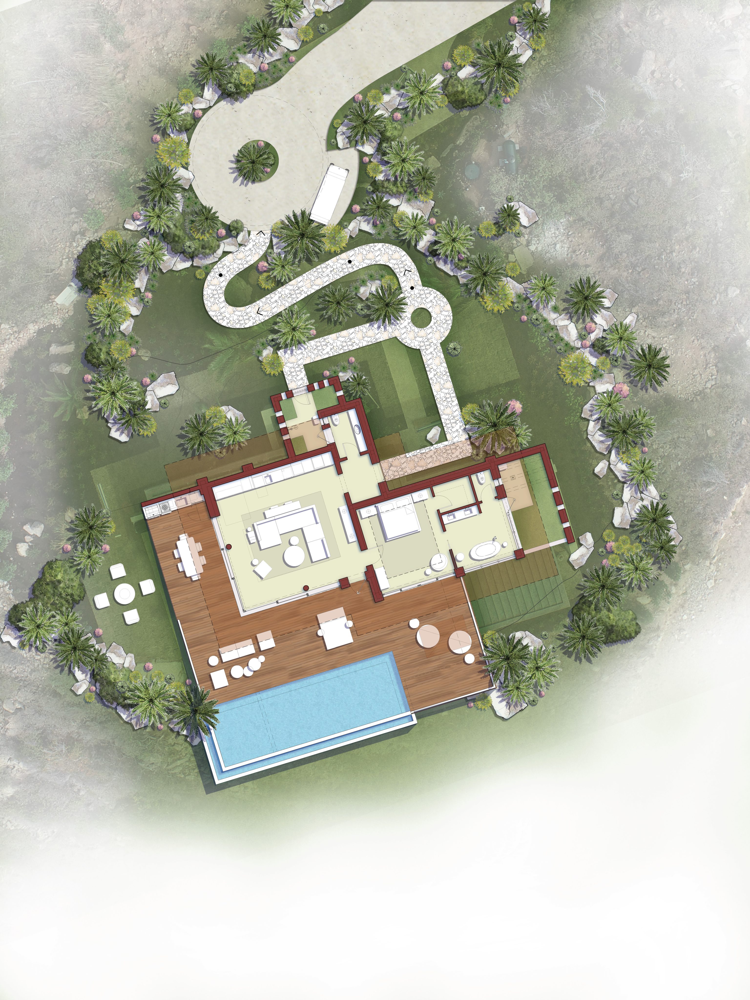 An aerial view of the Starlight Villa showcases a modern house floor plan with a rectangular swimming pool, wooden deck, and outdoor seating area. The surrounding landscape features winding pathways, lush greenery, and scattered rocks.