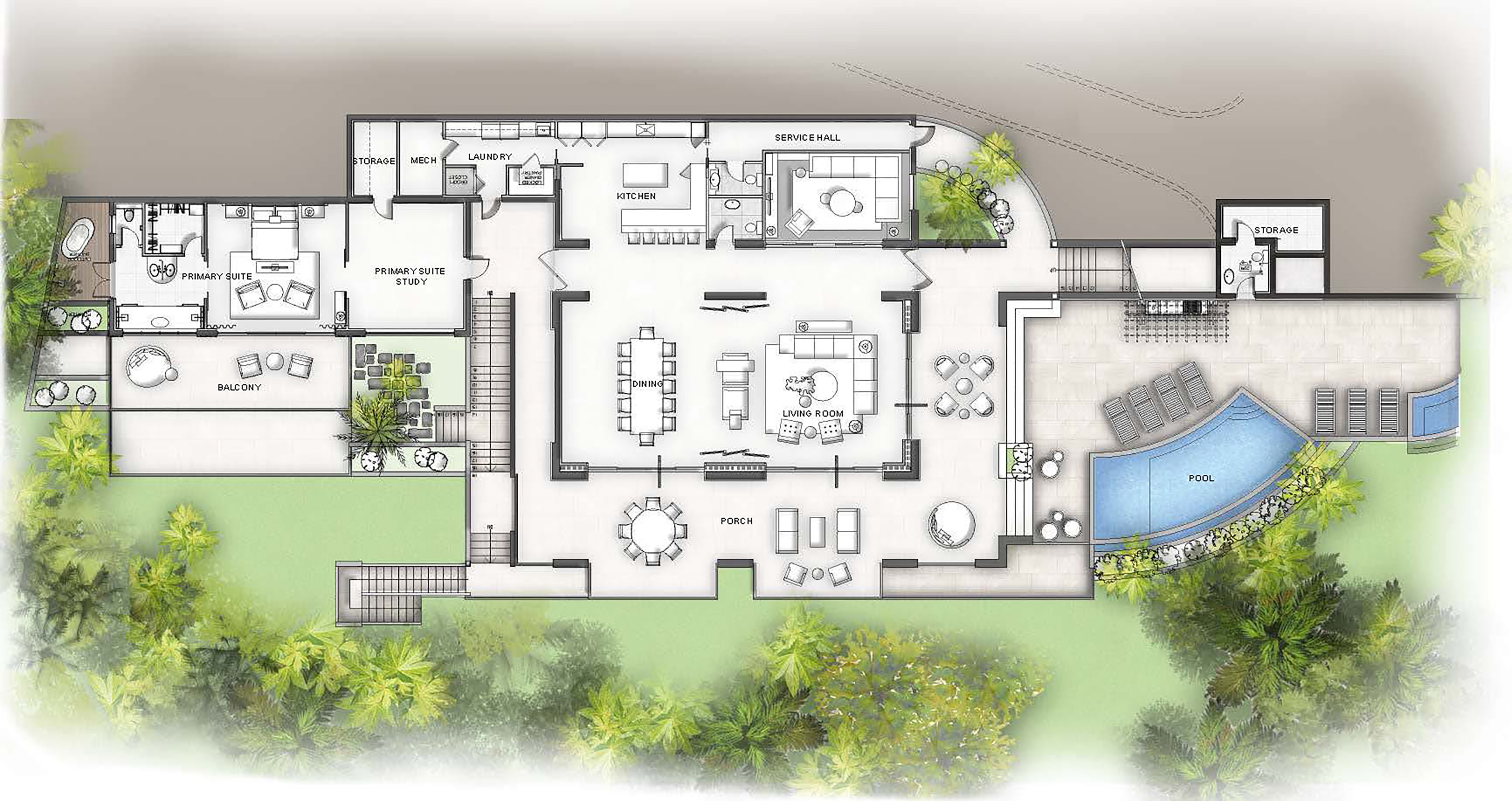 The Villa Maronti boasts a detailed floor plan with a primary suite, kitchen, living room, dining areas, and porch. It features an outdoor pool area and a landscaped garden that beautifully surrounds the building. Convenient paths and storage areas are also visible throughout.