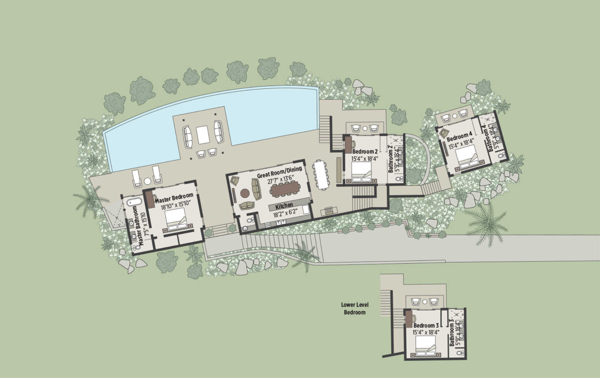 A top-view floor plan of a villa layout featuring an outdoor pool at the Water's Edge, a great room/dining area, kitchen, and four bedrooms. Three bedrooms are on the main level, including one with an ensuite bathroom. The lower level boasts an additional bedroom with its own bathroom.