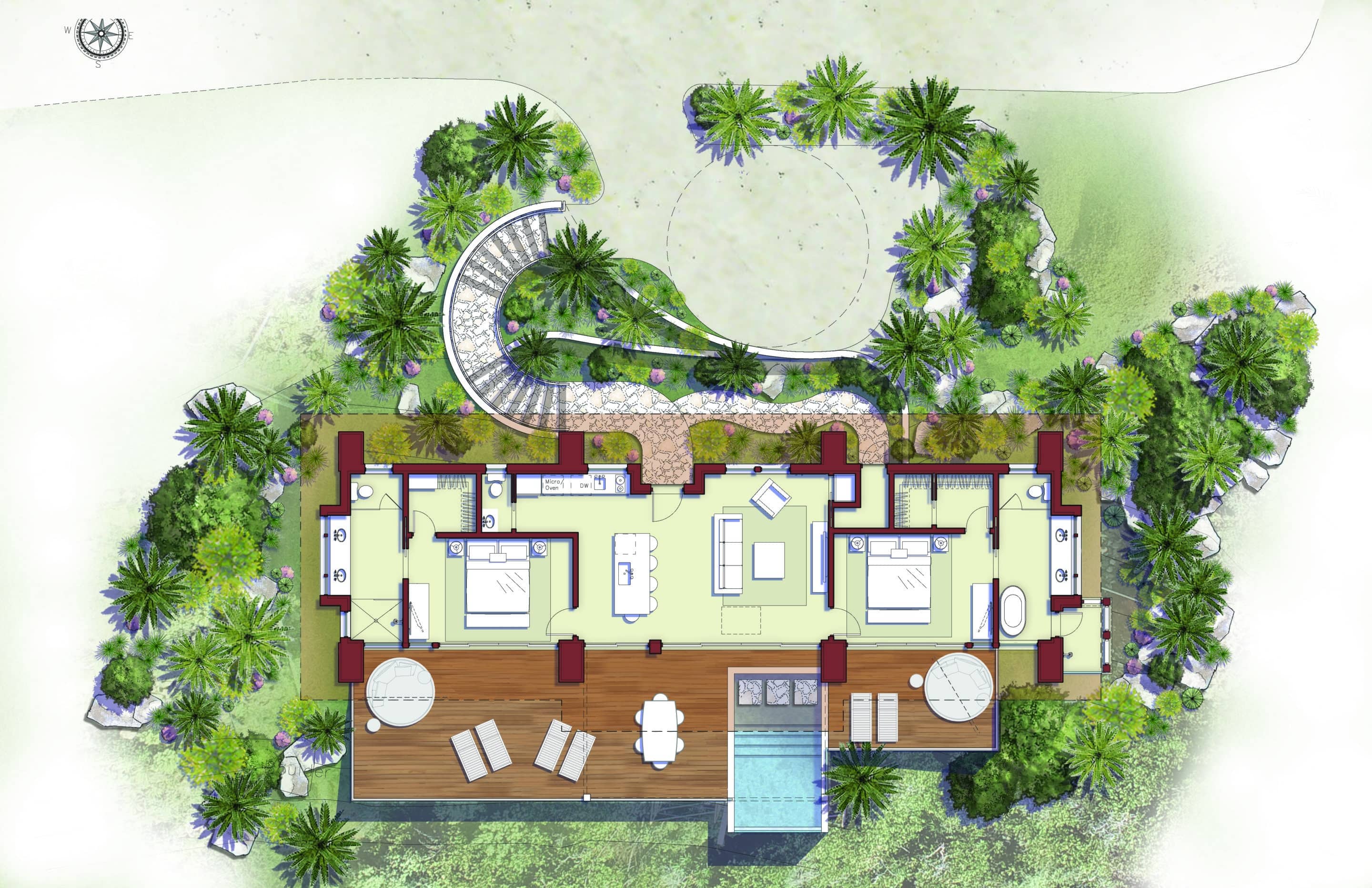 An architectural floor plan of Whale Point Villa, surrounded by lush greenery. The layout includes two bedrooms, two bathrooms, a living area, a kitchen, and a dining area. There's an outdoor deck with seating and a small pool. Pathways and landscaped gardens surround the house.