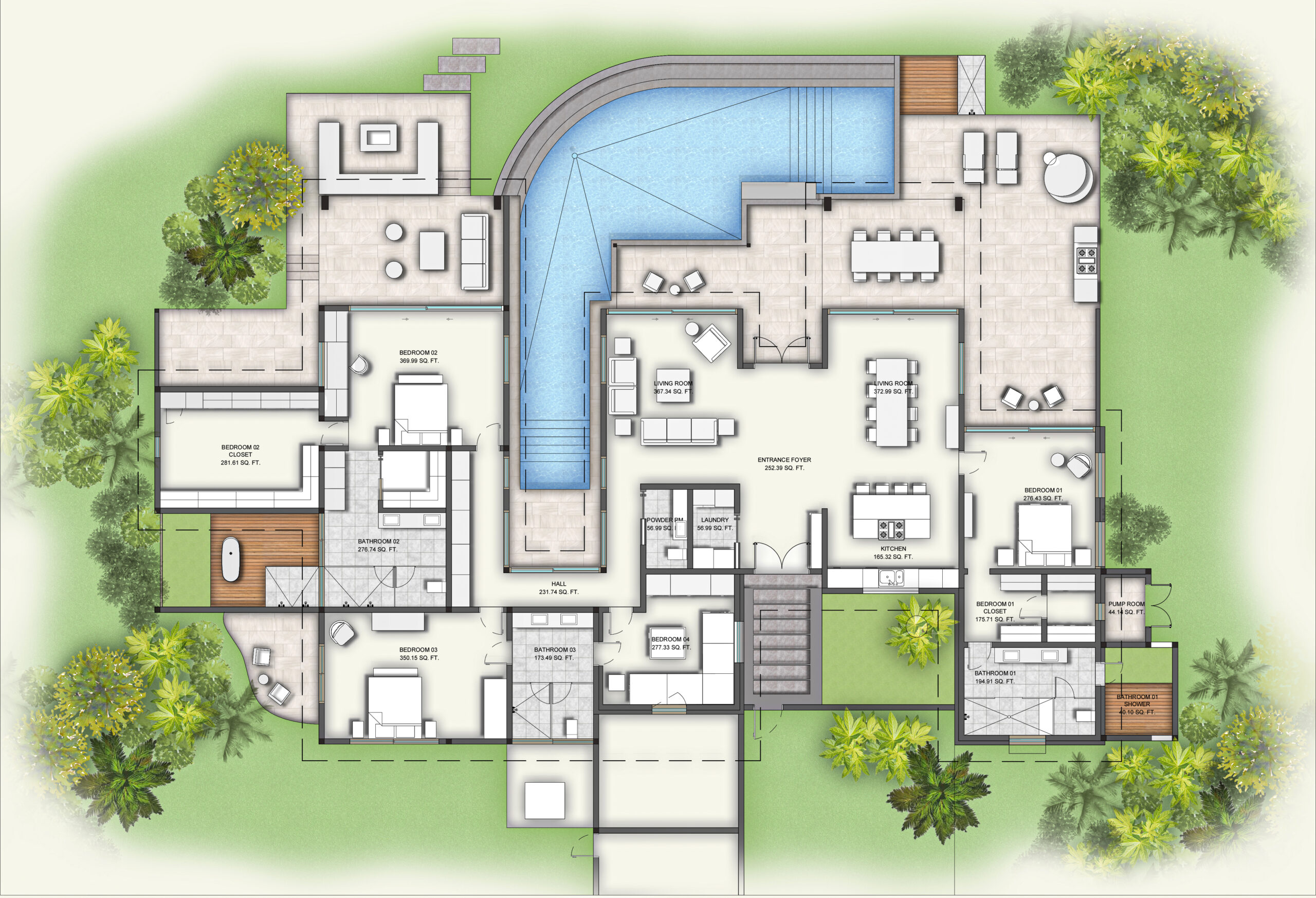 A detailed floor plan of Villa Xela, a luxury home featuring an outdoor pool, multiple bedrooms, bathrooms, a spacious kitchen, dining area, living room, and various outdoor spaces. The layout includes well-furnished areas and lush greenery surrounding the property.