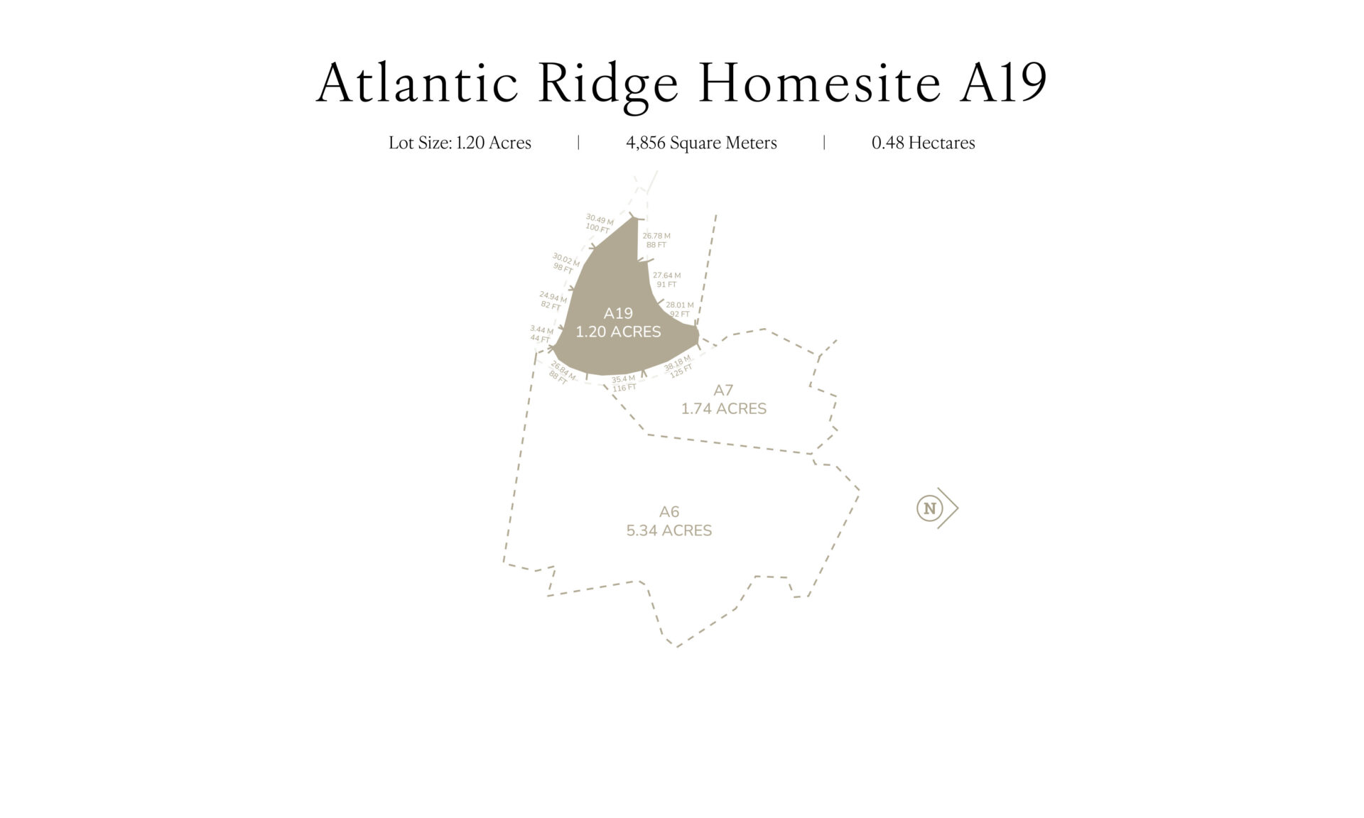 A map showing the location and size of homesites at Atlantic Ridge. Homesite A19 is highlighted in olive green, indicating it is 1.20 acres. Adjacent homesites A6 (5.34 acres) and A7 (1.74 acres) are outlined but not colored. A compass symbol is on the right side.