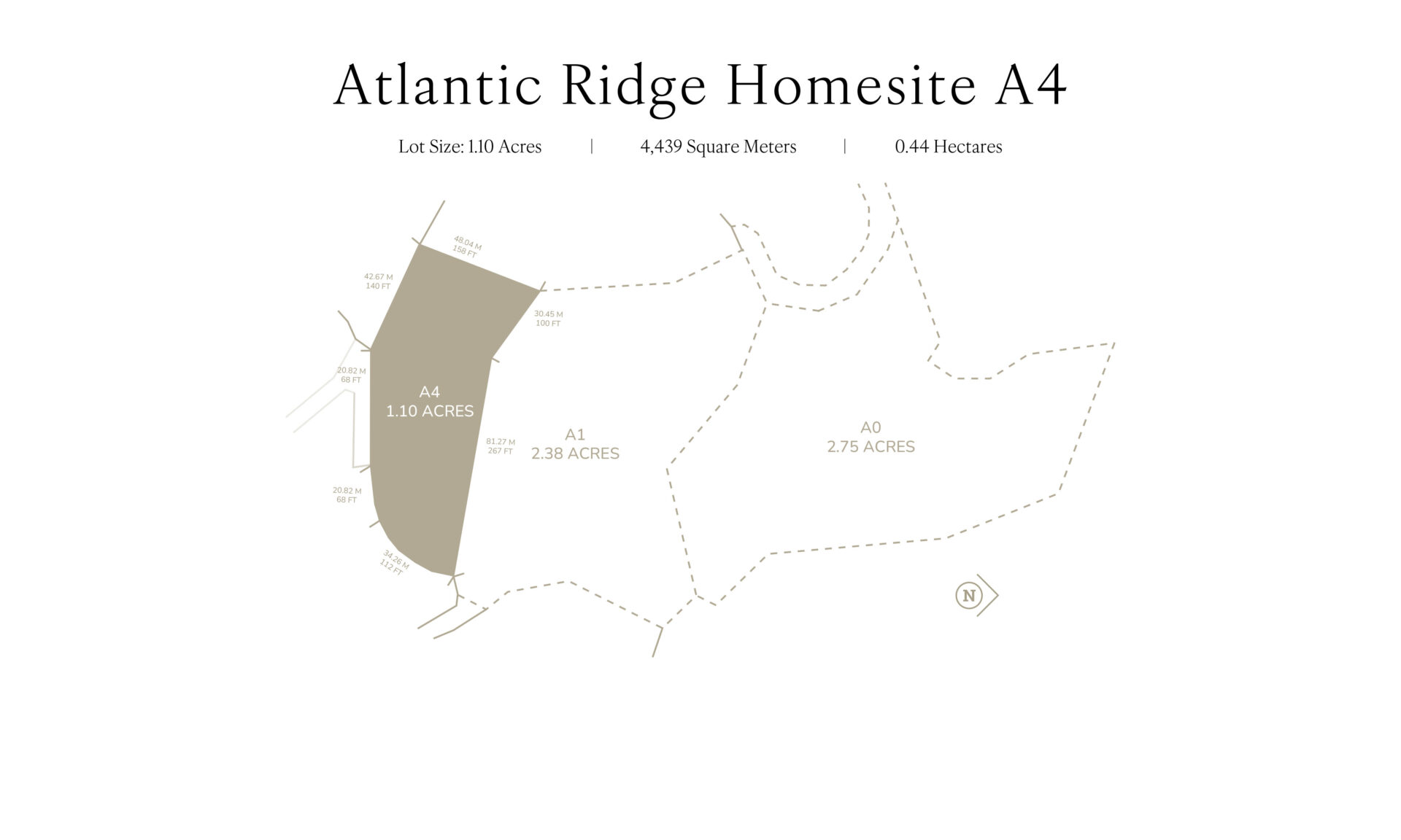 A map illustrating the Atlantic Ridge Homesite A4. The lot, Site A4, is highlighted in tan and details a lot size of 1.10 acres, 4,439 square meters, or 0.44 hectares. Adjacent lots A0 (2.75 acres) and A1 (2.38 acres) are also shown in a lighter color.