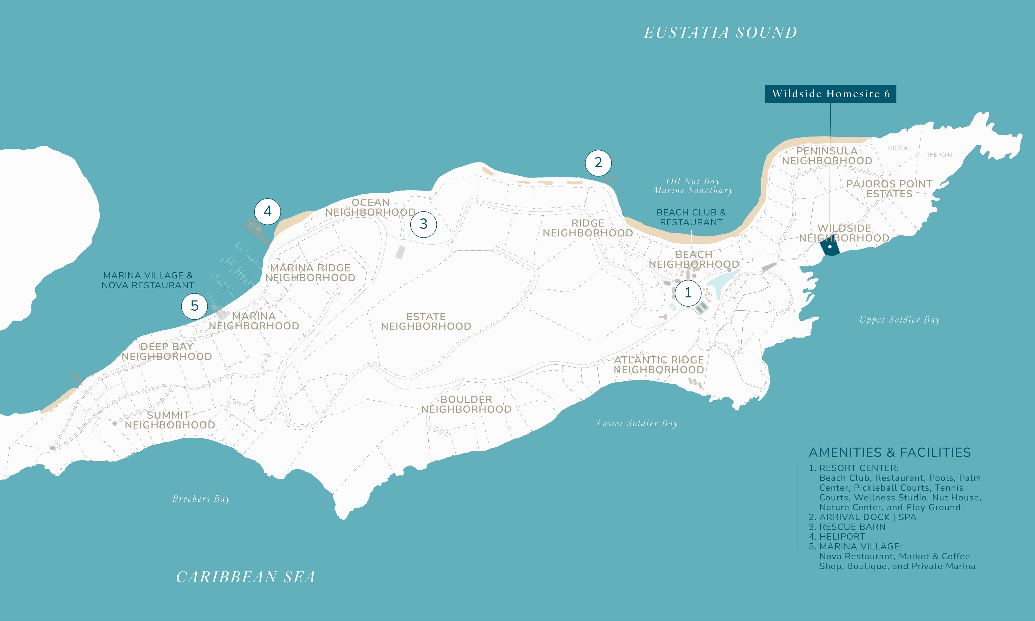 A detailed map shows various neighborhoods and facilities on an island bordered by the Caribbean Sea and Eustatia Sound. Key areas, including Marina Village, Estate, Atlantic Ridge, Wildside Homesite W6, and more, are highlighted along with amenities like restaurants, a pool, and a cafe.