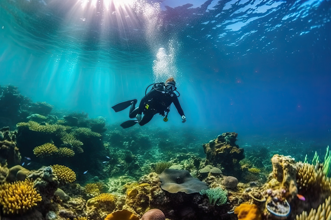 A scuba diver swims over a vibrant coral reef under clear, sunlit waters. Coral formations and a variety of marine life surround the diver, who is wearing a full diving suit, fins, and an oxygen tank. Sun rays penetrate the water, creating a serene atmosphere perfect for underwater exploration.