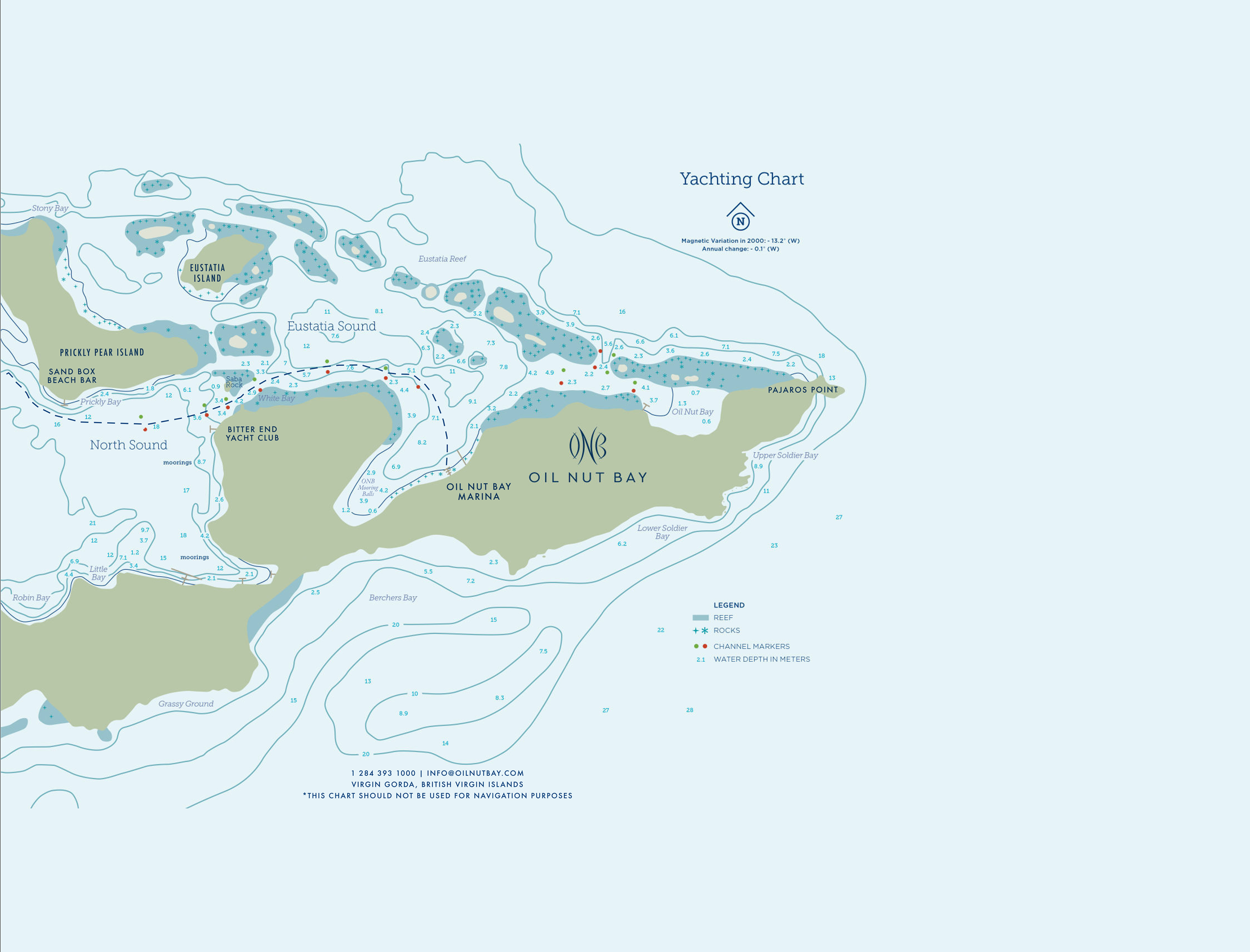 A detailed yachting chart of Oil Nut Bay in the Caribbean, featuring navigation points, marina locations, and water depths. The chart includes icons and labels for amenities, resorts, and natural landmarks. Contours and shading indicate topography and water depths around Marina Village in the British Virgin Islands.