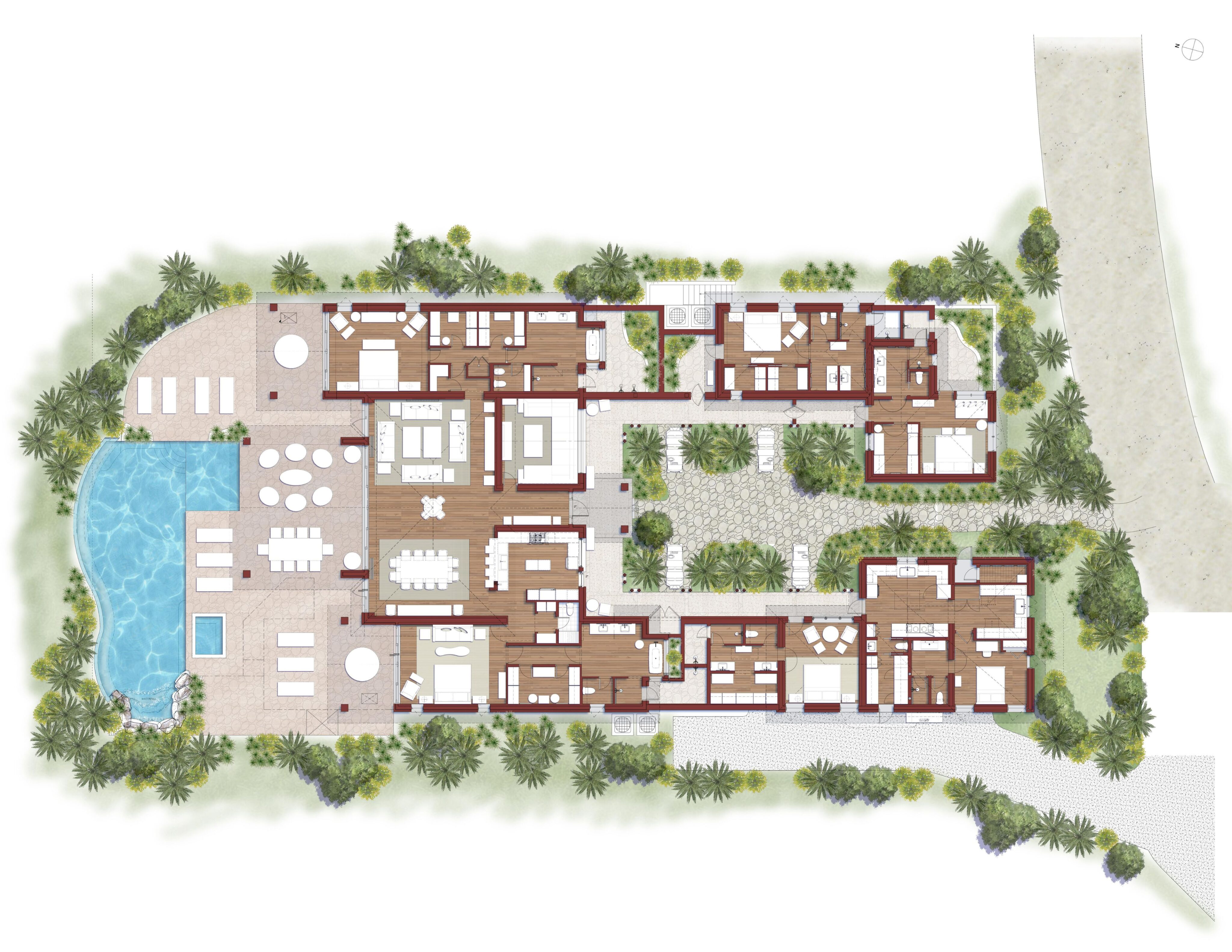 An architectural floor plan of the large, luxurious Nonamé Villa, surrounded by greenery. The layout includes multiple rooms, outdoor seating areas, and a large swimming pool with sun loungers. Paths connect various parts of the property, and trees are scattered throughout.