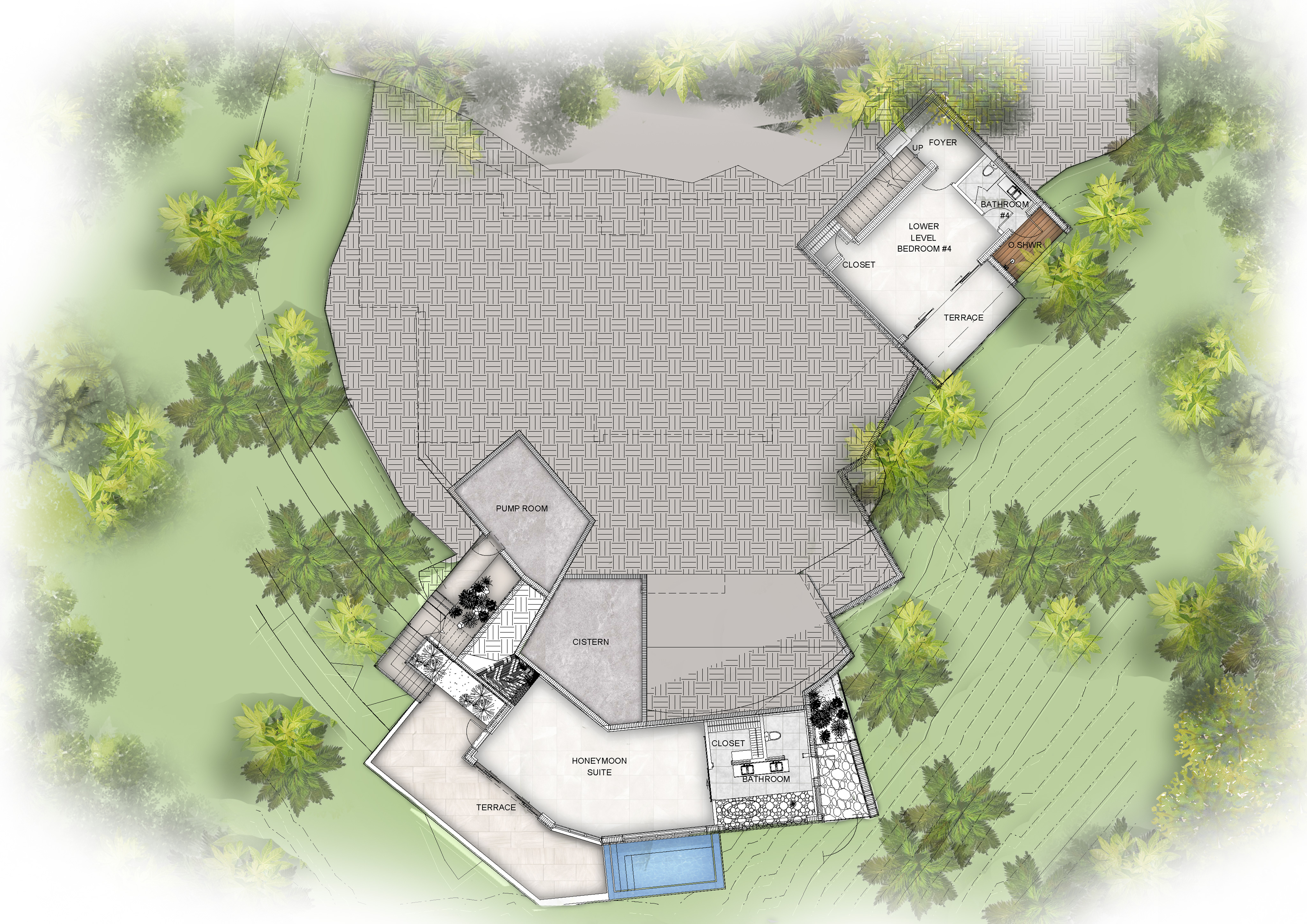 A detailed architectural floor plan of Quintessa Villa, surrounded by greenery. The plan includes outdoor areas, a pool, multiple rooms, a kitchen, terrace, laundry, gym, lower bedroom, bath, and closet. The layout features a combination of paved and landscaped sections.