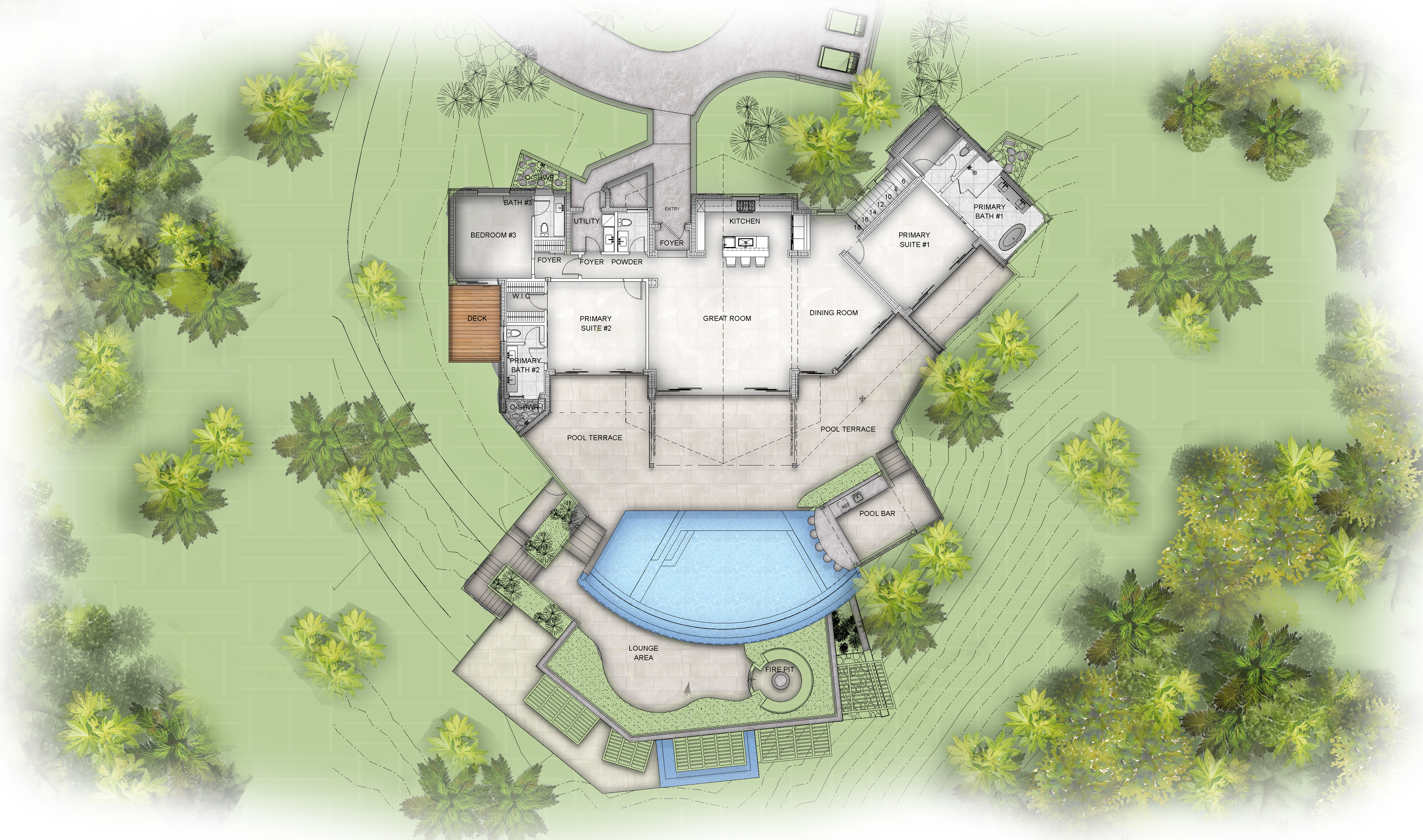 Architectural top-view floor plan of the Quintessa Villa, a two-story house surrounded by greenery. Features include a living room, dining room, kitchen, primary suite, and two secondary suites, along with outdoor terraces and a curved pool area with lawn and landscaped greenery.