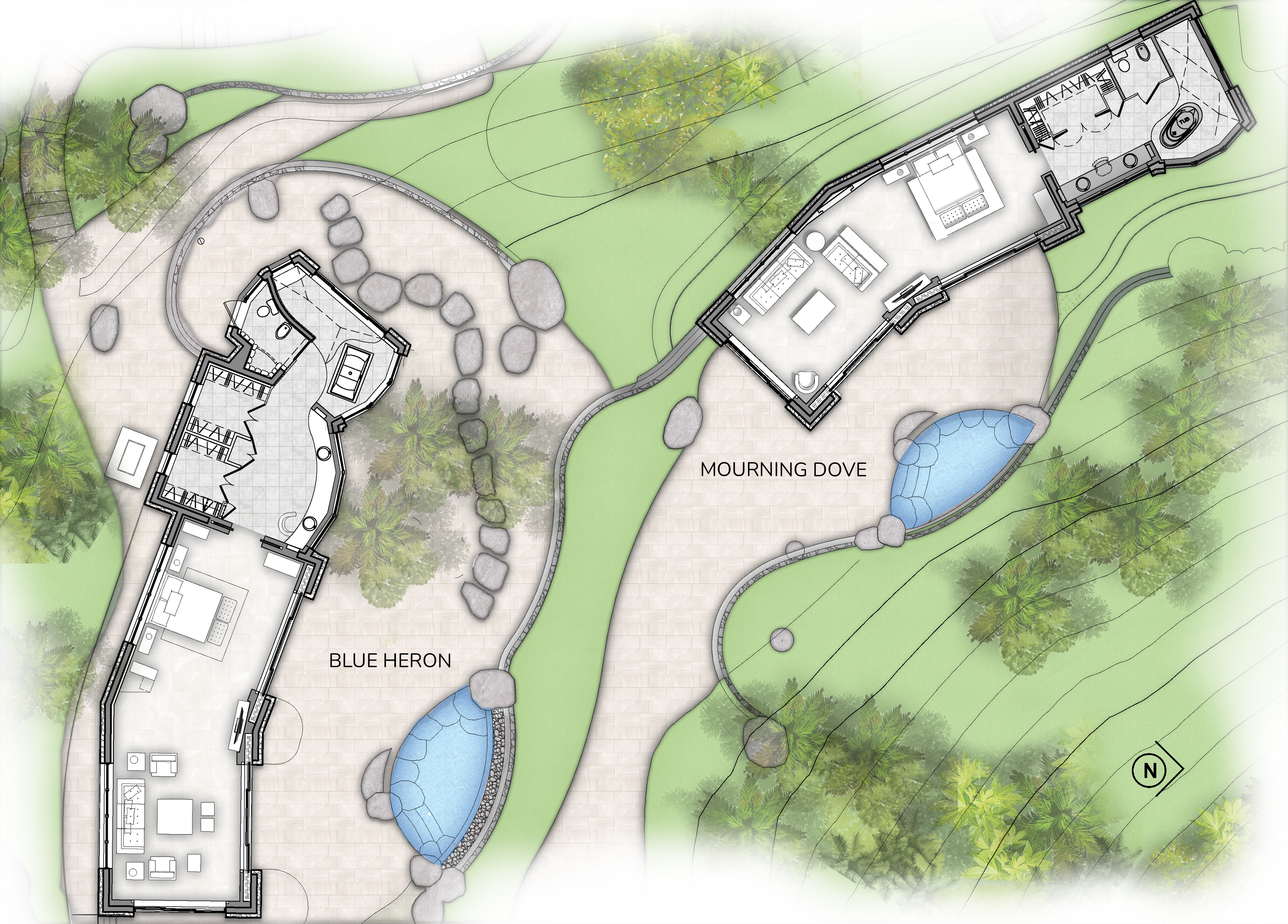 Architectural landscape design plan featuring "Blue Heron" and "Mourning Dove" house layouts, set amidst a green, wooded area with pathways and small ponds. The plan, akin to the design of the exclusive Wings Villa, includes detailed interior layouts and exterior landscaping.