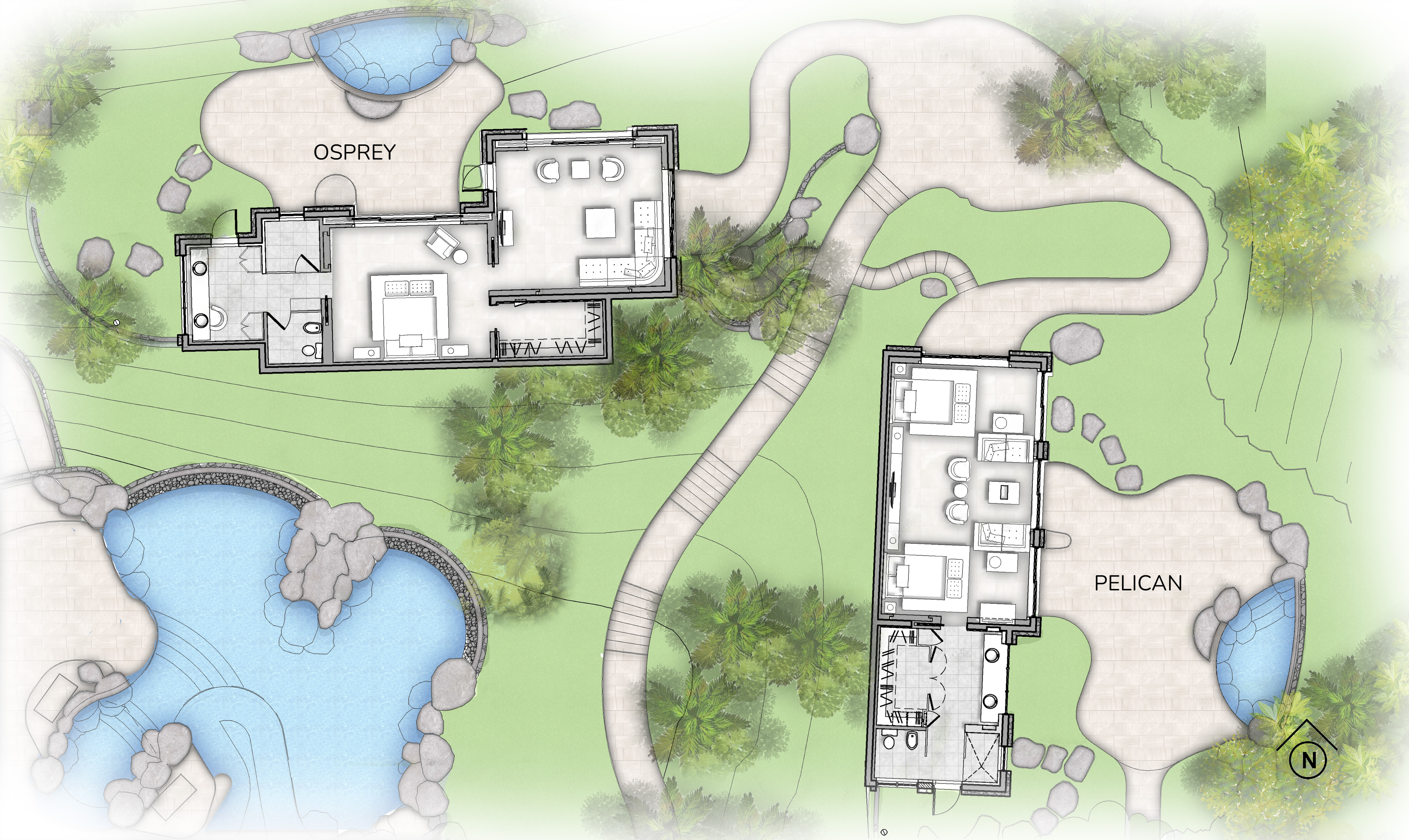 A detailed architectural floor plan of a villa named Osprey and Pelican. It features two separate buildings with pathways, green spaces, and landscape elements including trees, shrubs, winding paths, and water features on both sides, creating serene wings of the property.