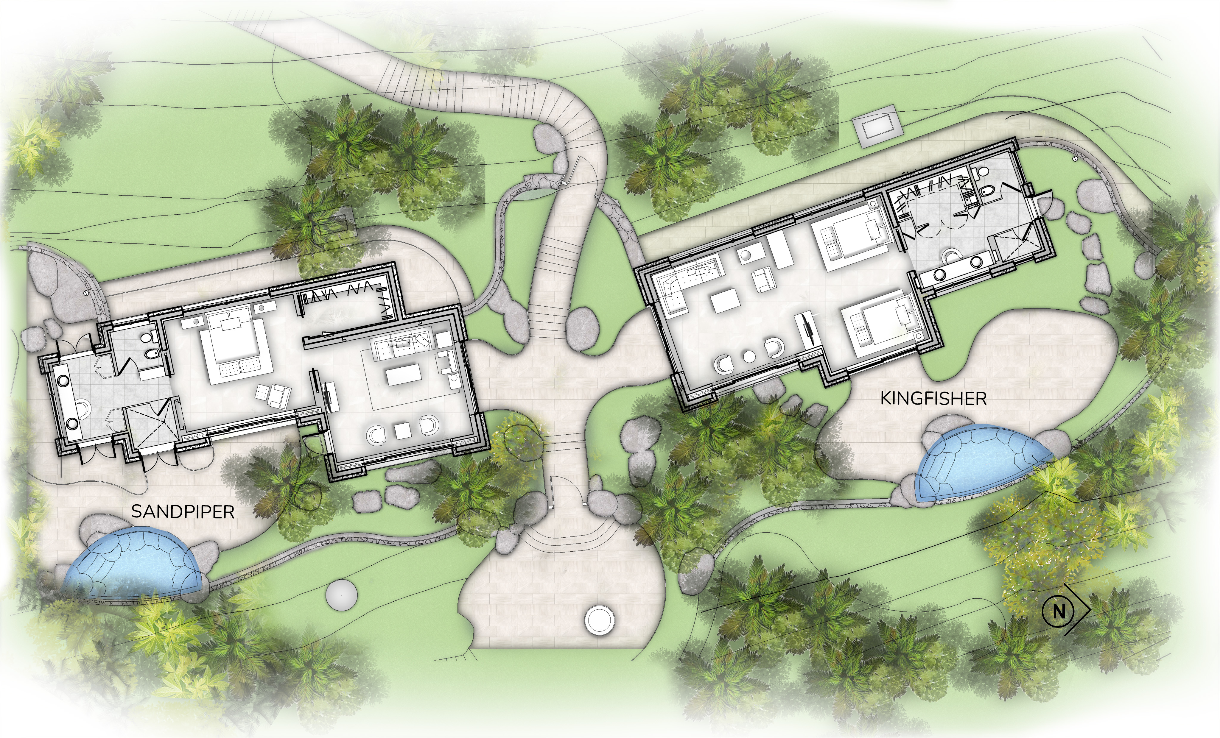 A detailed site plan of two adjacent buildings, labeled "Sandpiper" and "Kingfisher Wings," connected by a central courtyard with pathways and landscaping. Each building features multiple rooms and amenities. The surrounding area includes trees, pathways, and water features to enhance the villa experience.