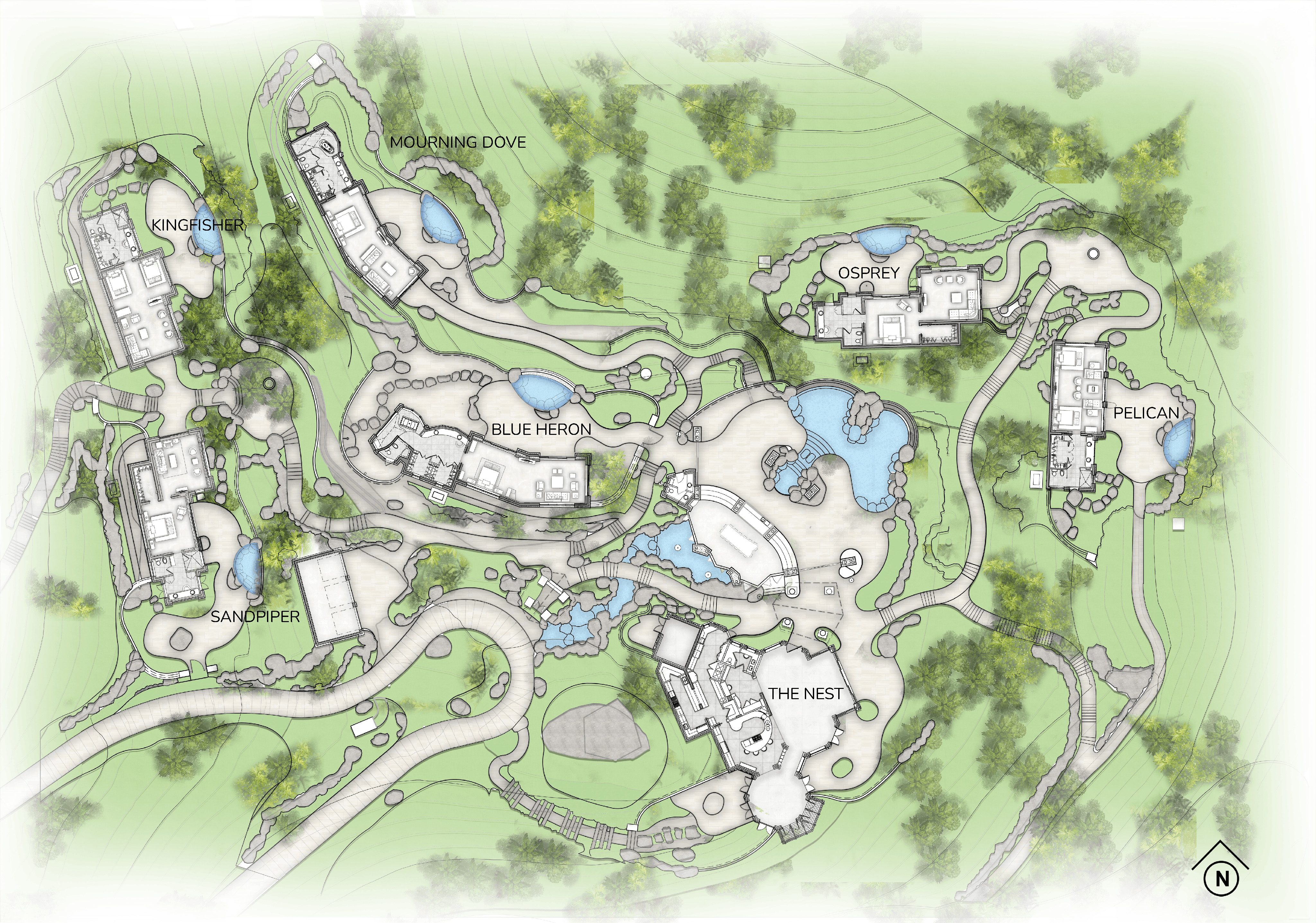 A detailed, colored, overhead map of Wings Villa. Six areas are labeled: The Nest, Kingfisher, Mourning Dove, Osprey, Pelican, Blue Heron and Sandpiper. Numerous pathways and trees are integrated throughout the property with buildings and pools in each named area. Wings of tranquility await you here.