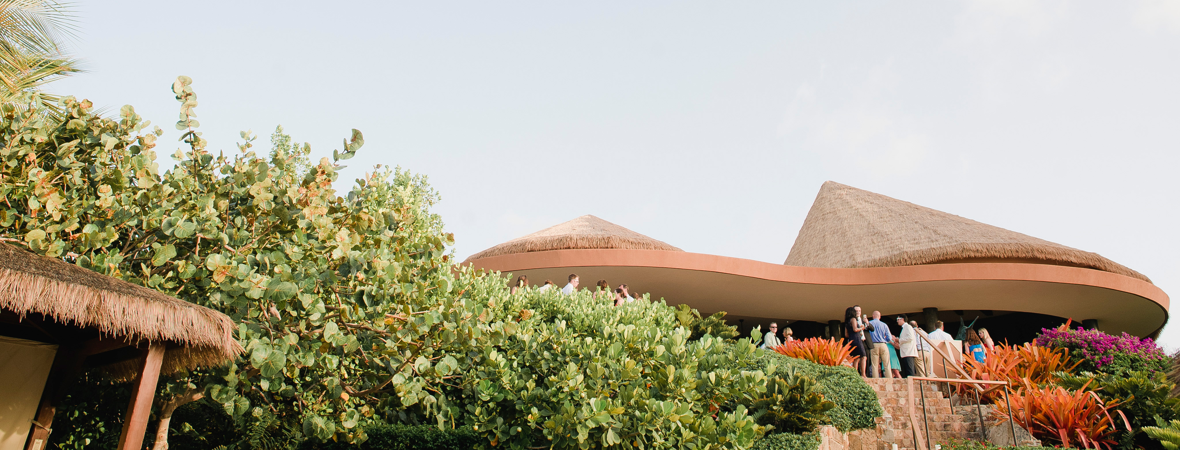 A modern building with a unique, curved design, featuring a thatched roof. The structure is surrounded by lush green foliage and vibrant flowers. People gathered near the entrance on a sunny day with a clear, blue sky hint at an event organized by BVI Weddings & Events.