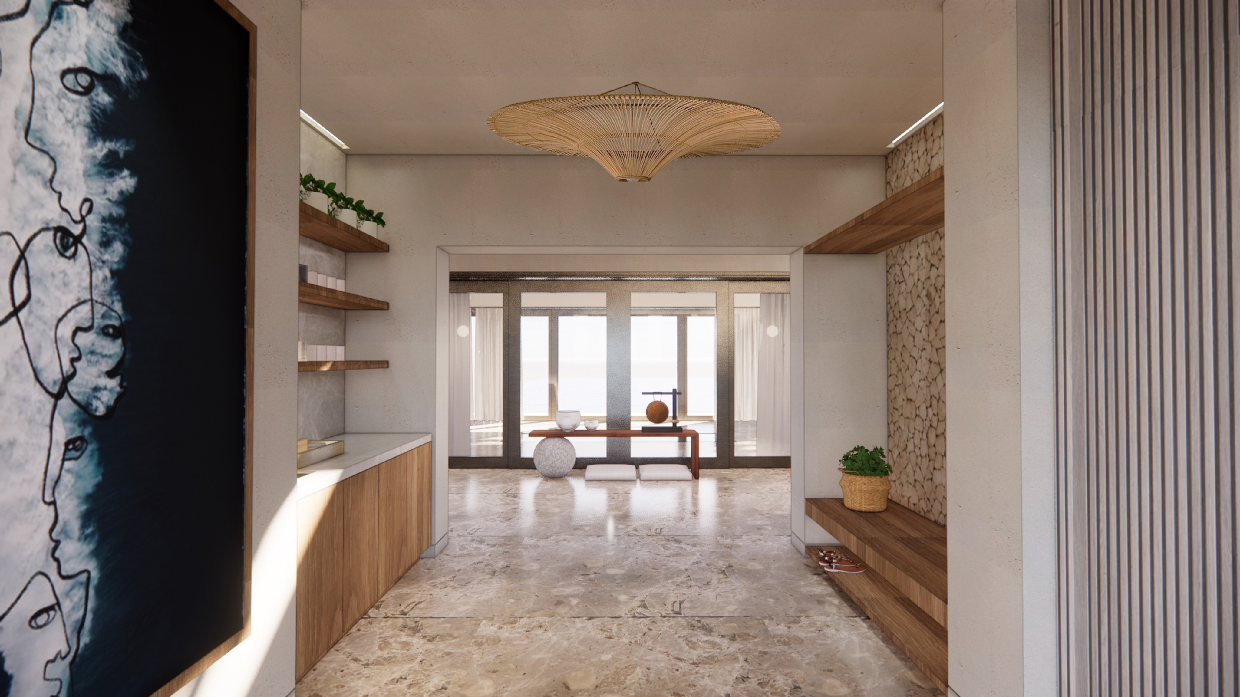 A modern, minimalist interior with a marble floor and large windows offering an ocean view, complemented by wooden shelves and a console on the left. Natural decor accents, including a large pendant light and a basket with a plant, create the serene atmosphere of Spa Studio.